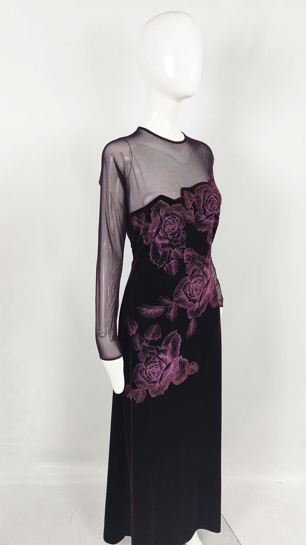 Tadashi Shoji Vintage Aubergine Mesh & Velvet Sexy Sheer Evening Gown Dress For Sale 3