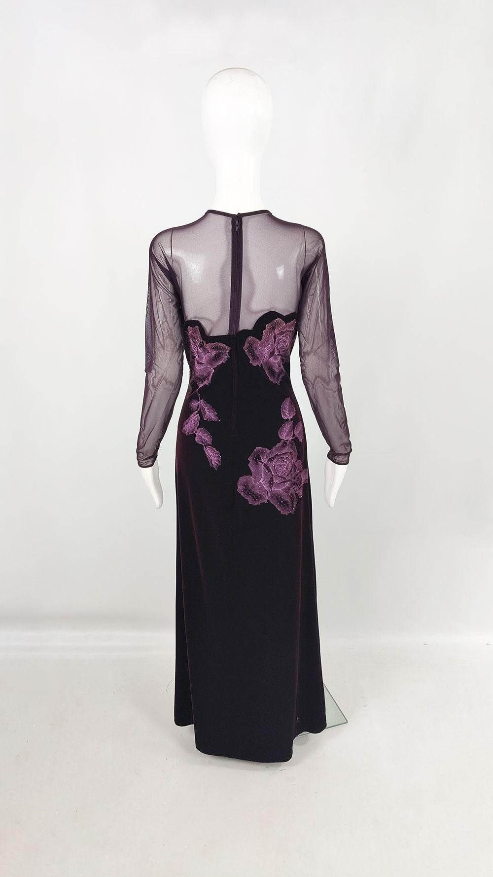 Tadashi Shoji Vintage Aubergine Mesh & Velvet Sexy Sheer Evening Gown Dress For Sale 4