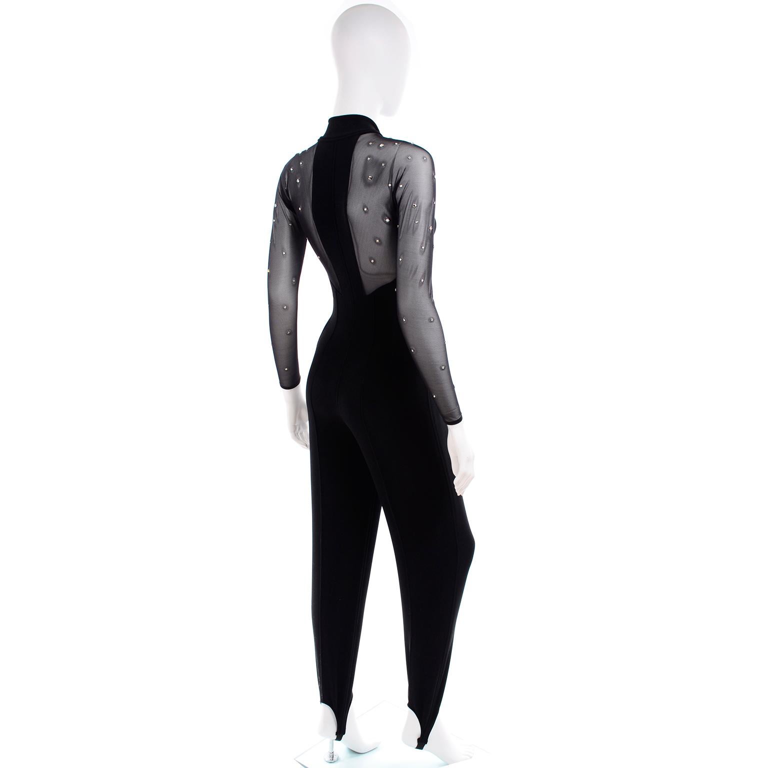 Tadashi Shoji Vintage Black Stretch Knit Jumpsuit W Sheer Mesh and Rhinestones In Excellent Condition In Portland, OR