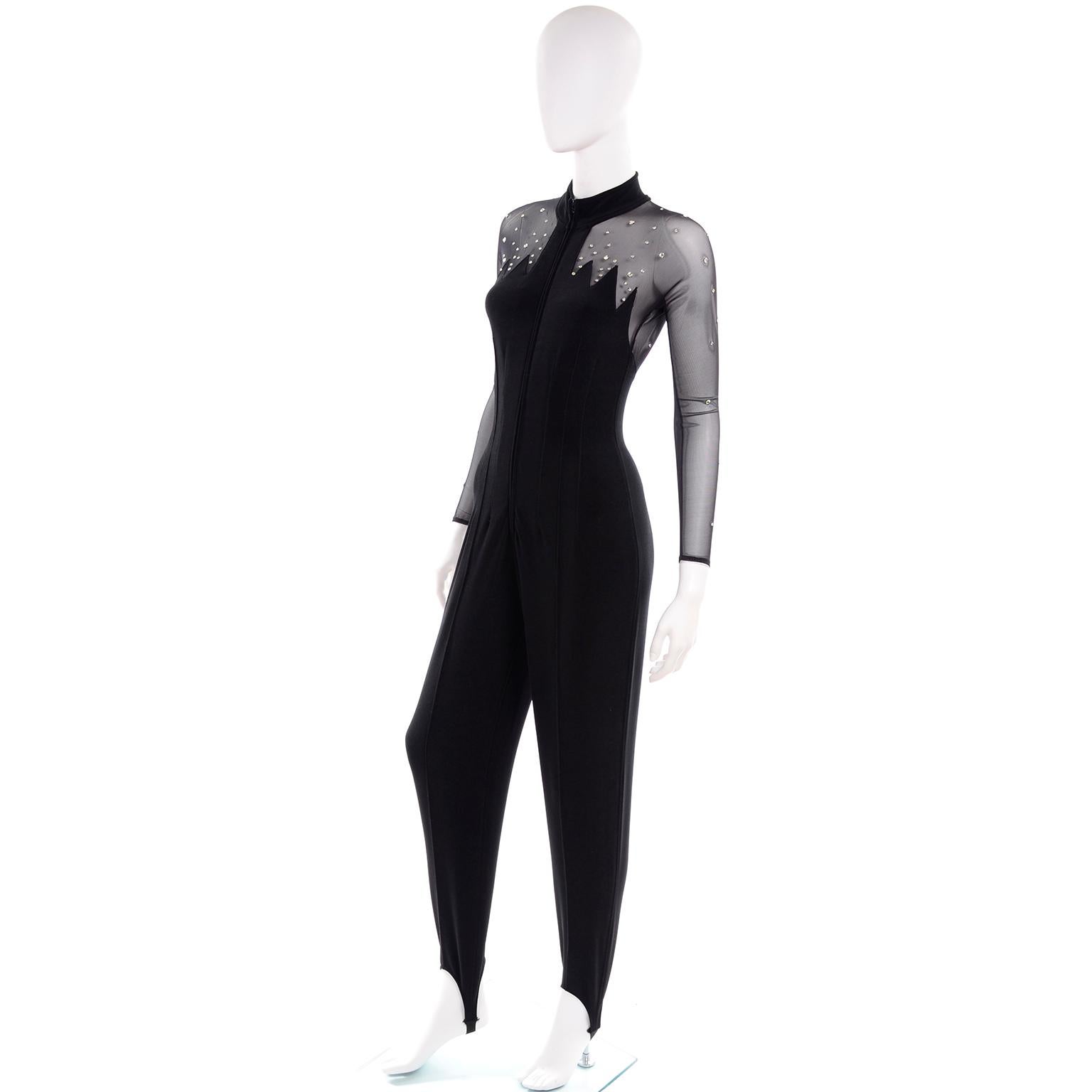 Tadashi Shoji Vintage Black Stretch Knit Jumpsuit W Sheer Mesh and Rhinestones 3