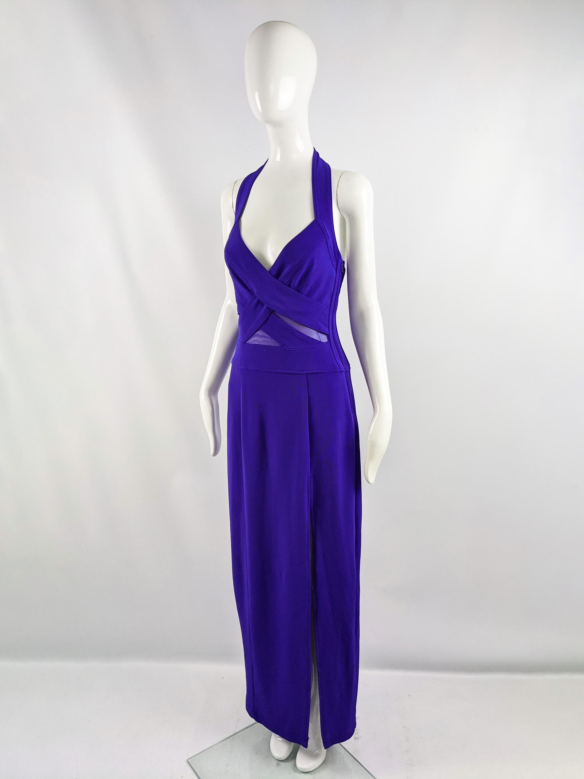 Women's Tadashi Shoji Vintage Purple Stretch Sheer Cut Out Mesh Evening Dress, 1990s For Sale