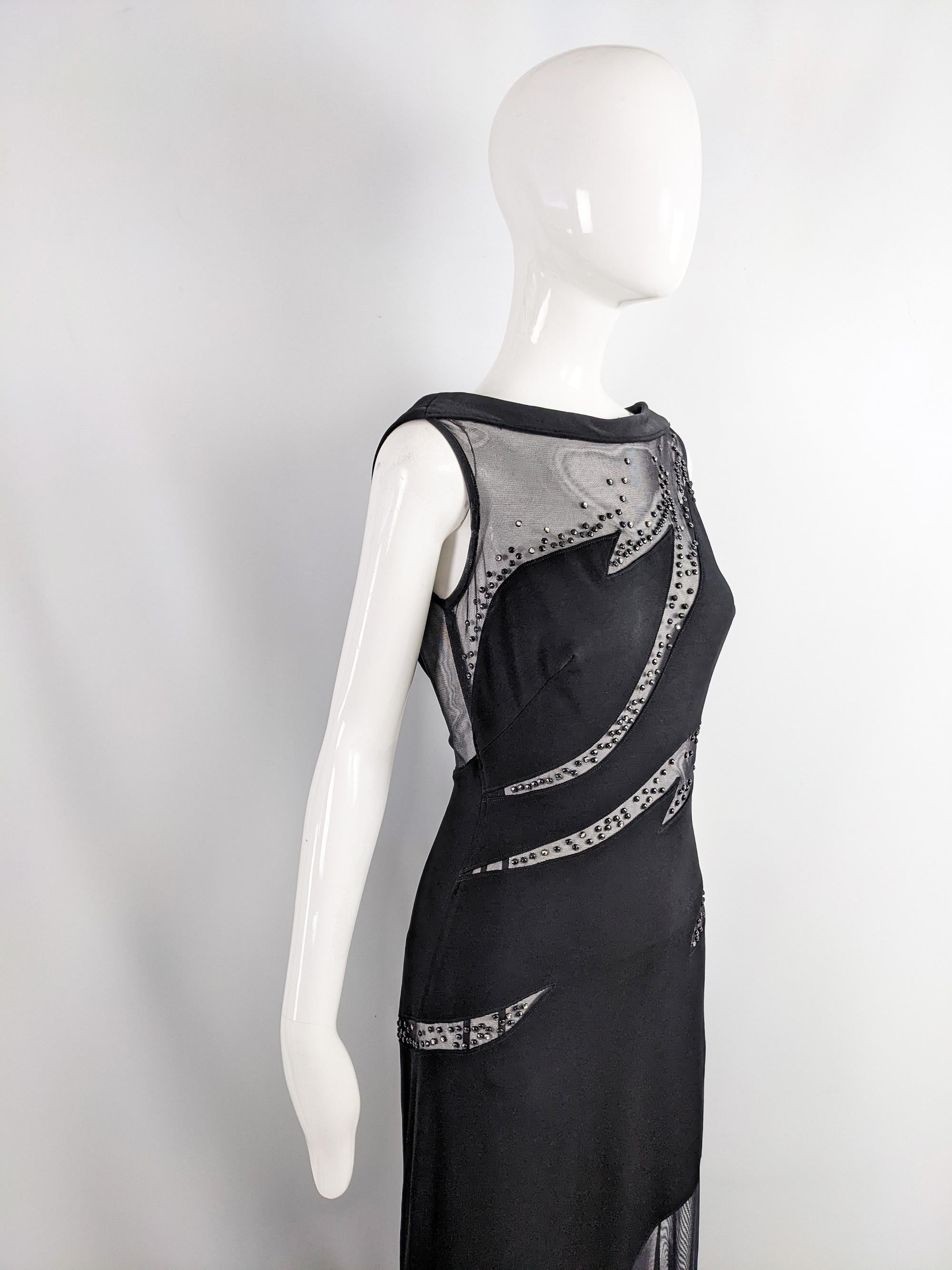 Tadashi Shoji Vintage Sexy Beaded Black Jersey & Mesh Cut Out Evening Gown Dress In Good Condition In Doncaster, South Yorkshire