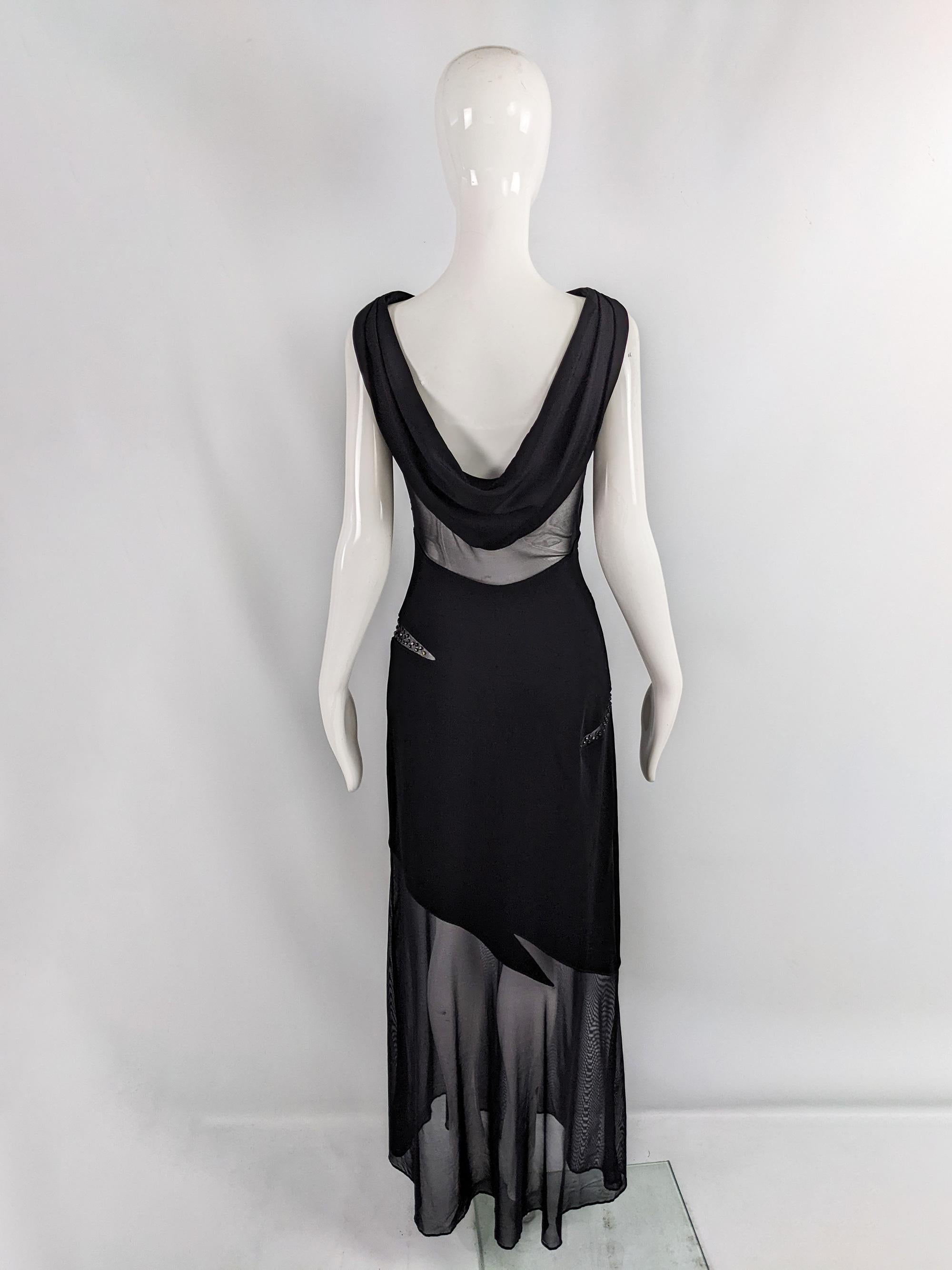 Women's Tadashi Shoji Vintage Sexy Beaded Black Jersey & Mesh Cut Out Evening Gown Dress