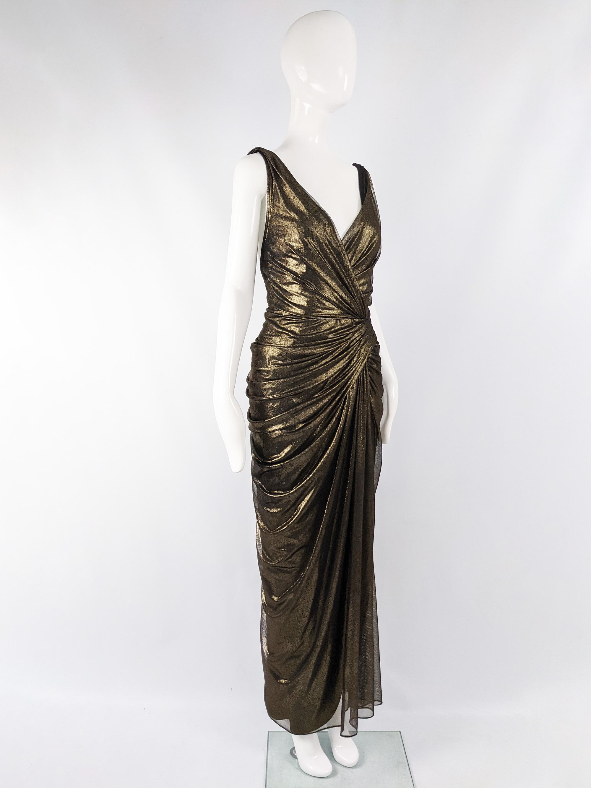 Black Tadashi Shoji Vintage Sexy Gathered Gold Mesh Evening Gown