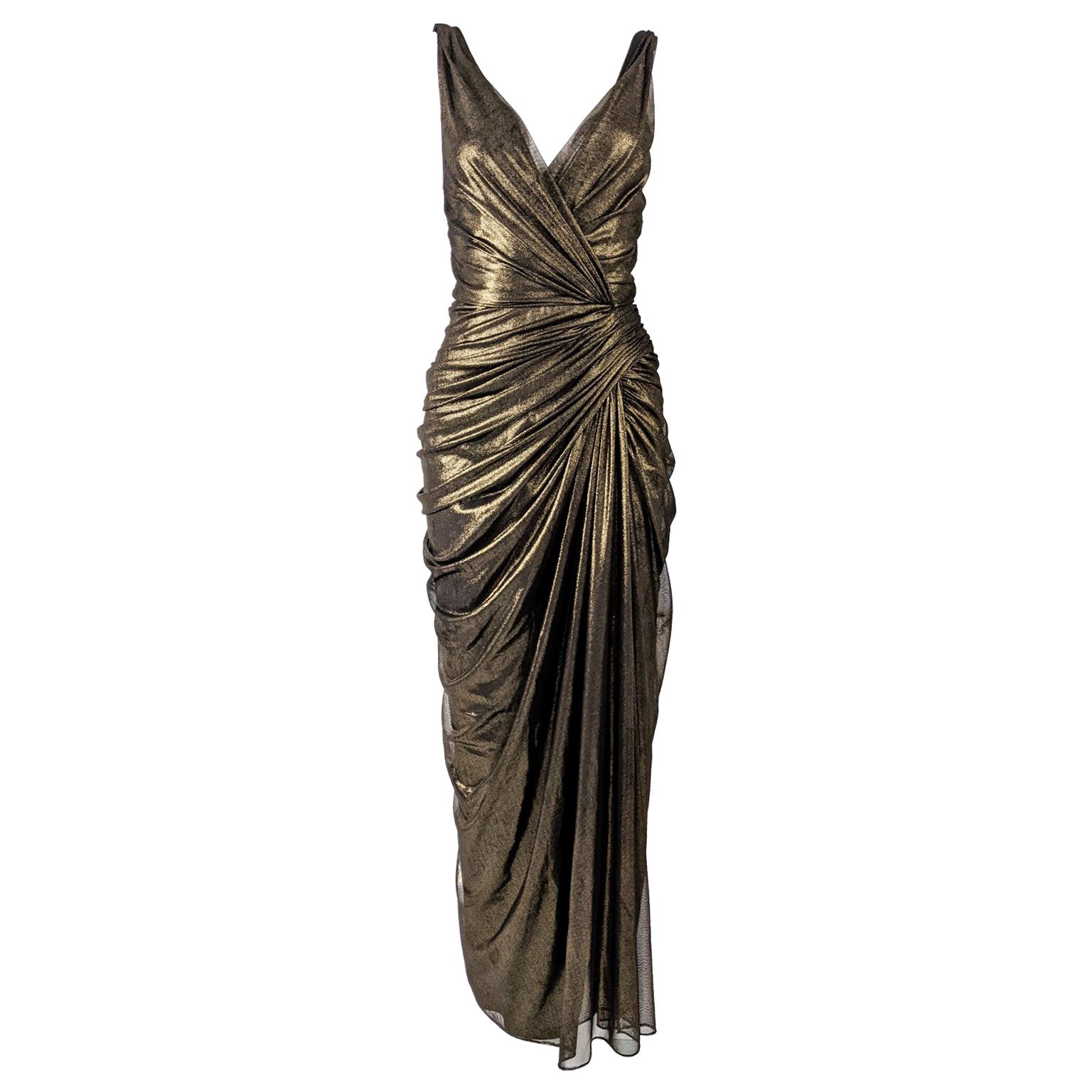 Tadashi Shoji Vintage Sexy Gathered Gold Mesh Evening Gown