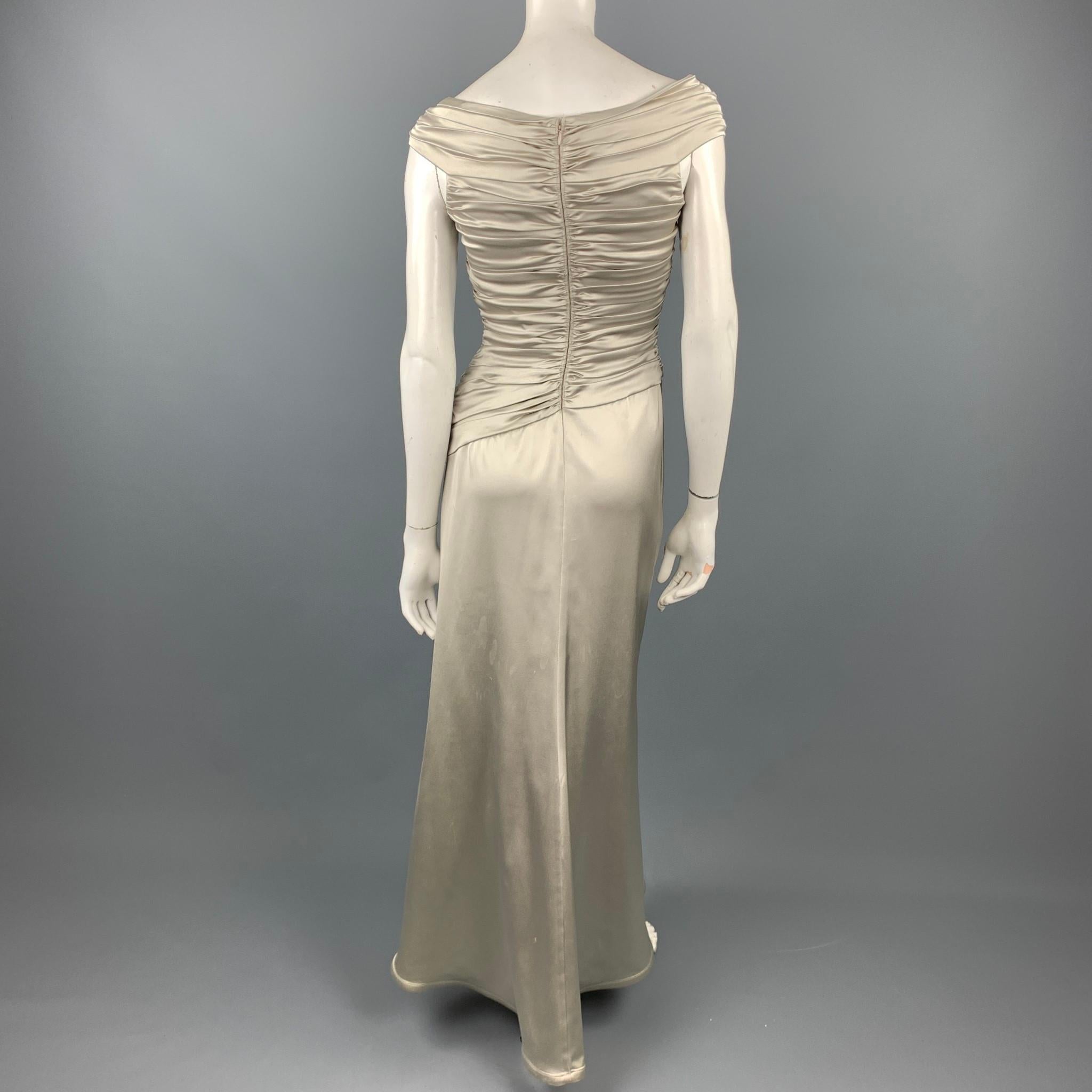 TADASHI Size 4 Silver Satin Acetate Blend Ruched Gown In Fair Condition In San Francisco, CA