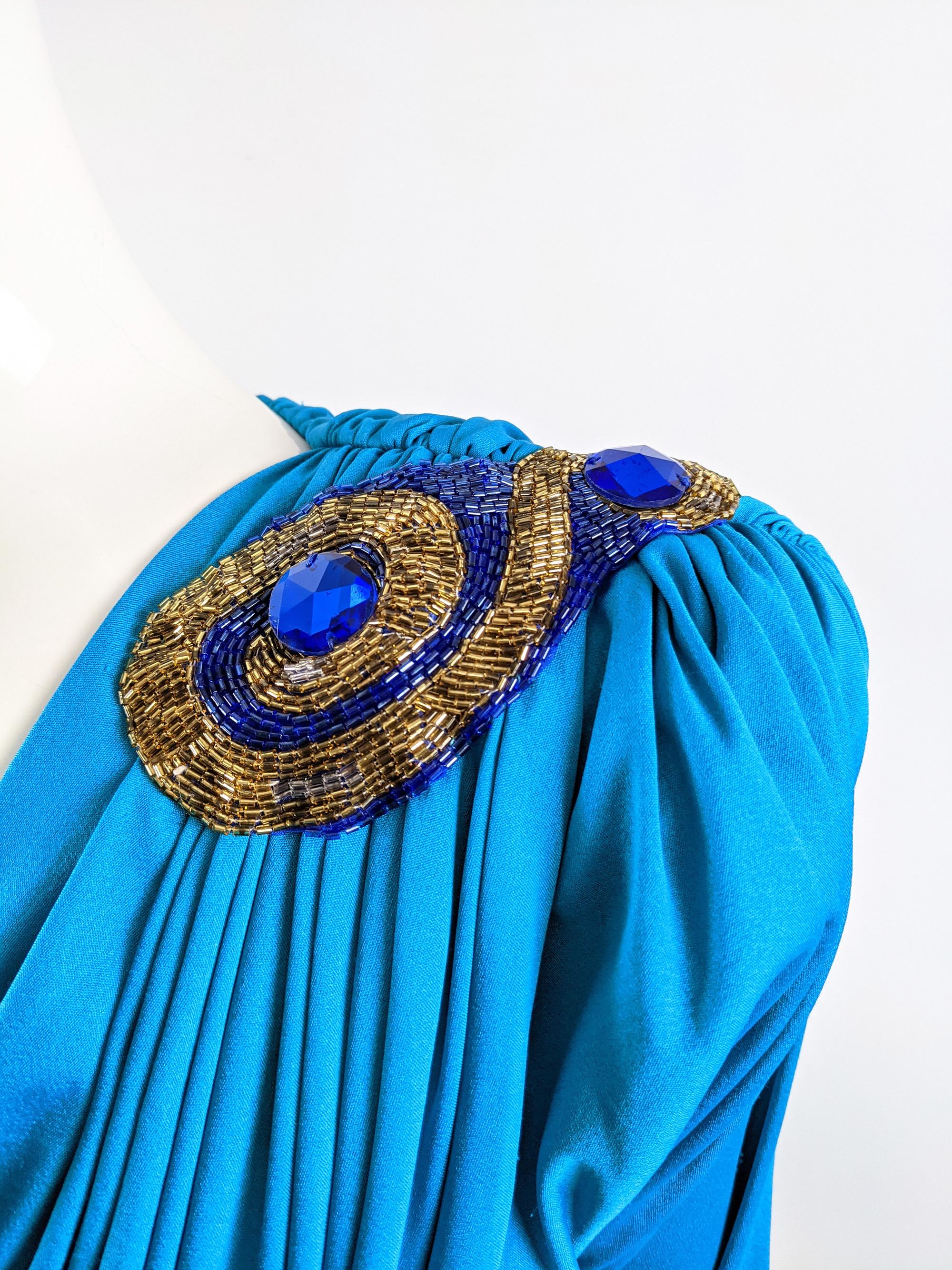 Tadashi Vintage 80s Blue Slinky Draped Jersey Gold Sequin Shoulder Party Dress In Good Condition For Sale In Doncaster, South Yorkshire
