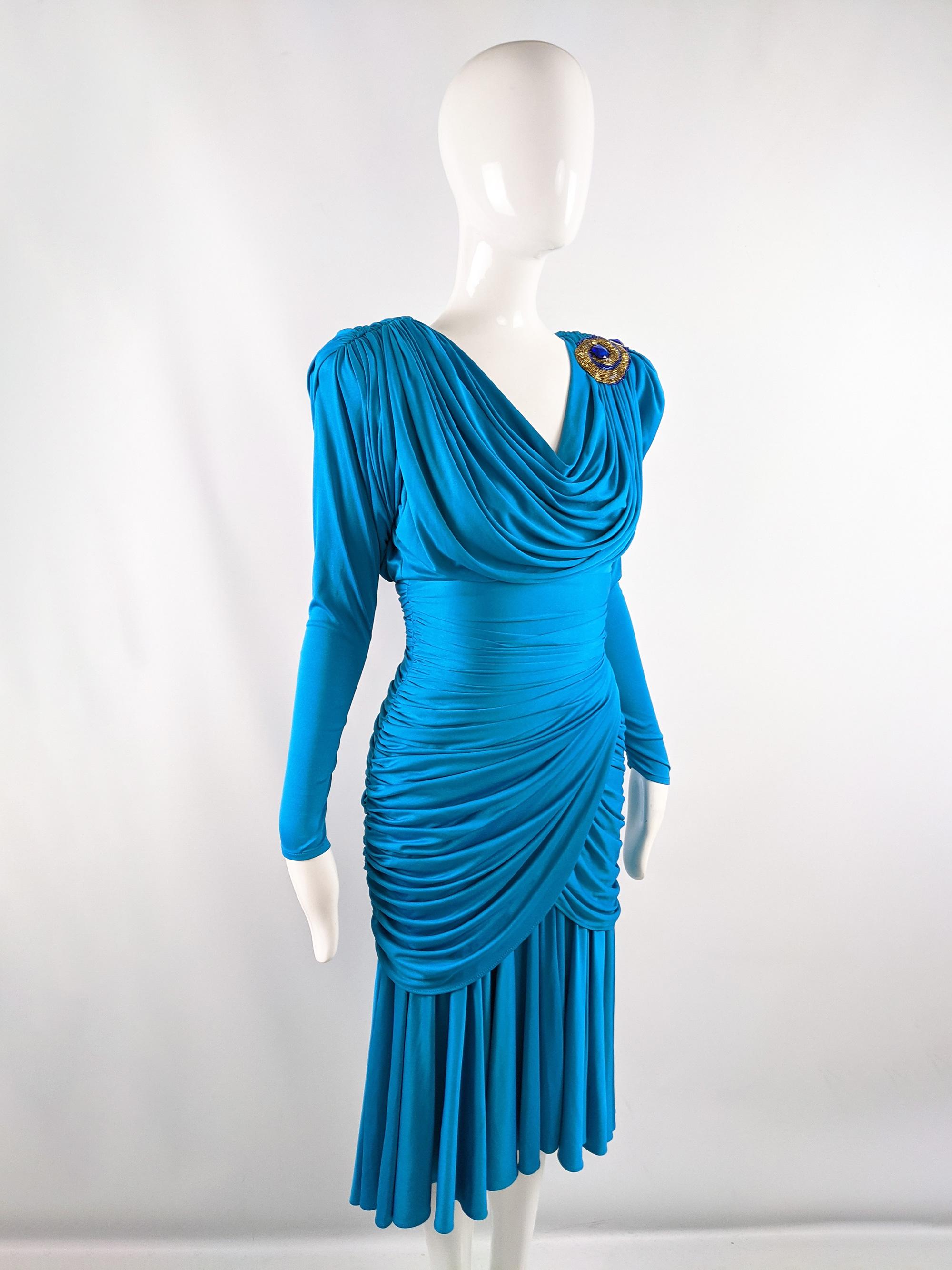 Women's Tadashi Vintage 80s Blue Slinky Draped Jersey Gold Sequin Shoulder Party Dress For Sale