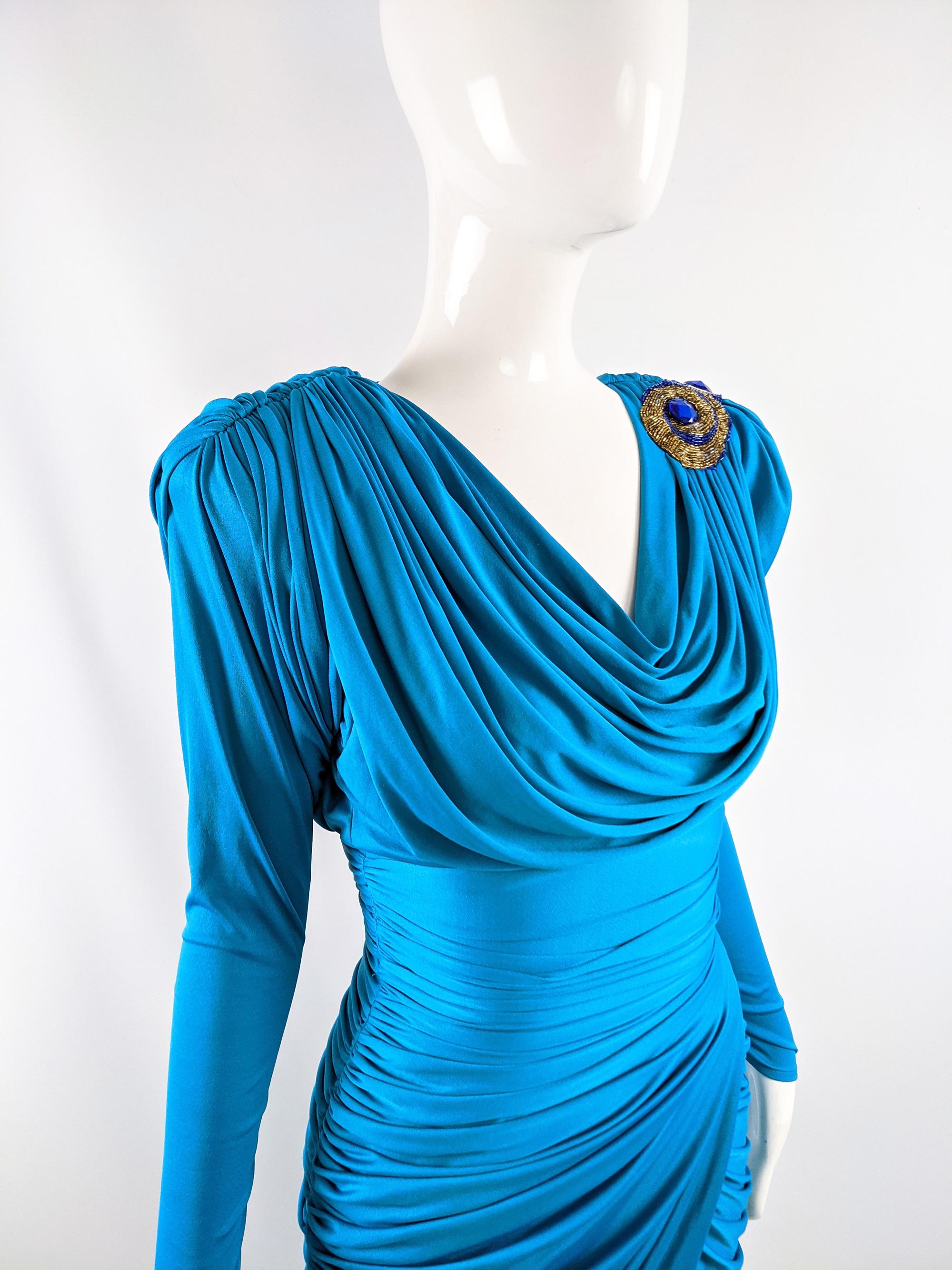 Tadashi Vintage 80s Blue Slinky Draped Jersey Gold Sequin Shoulder Party Dress For Sale 1