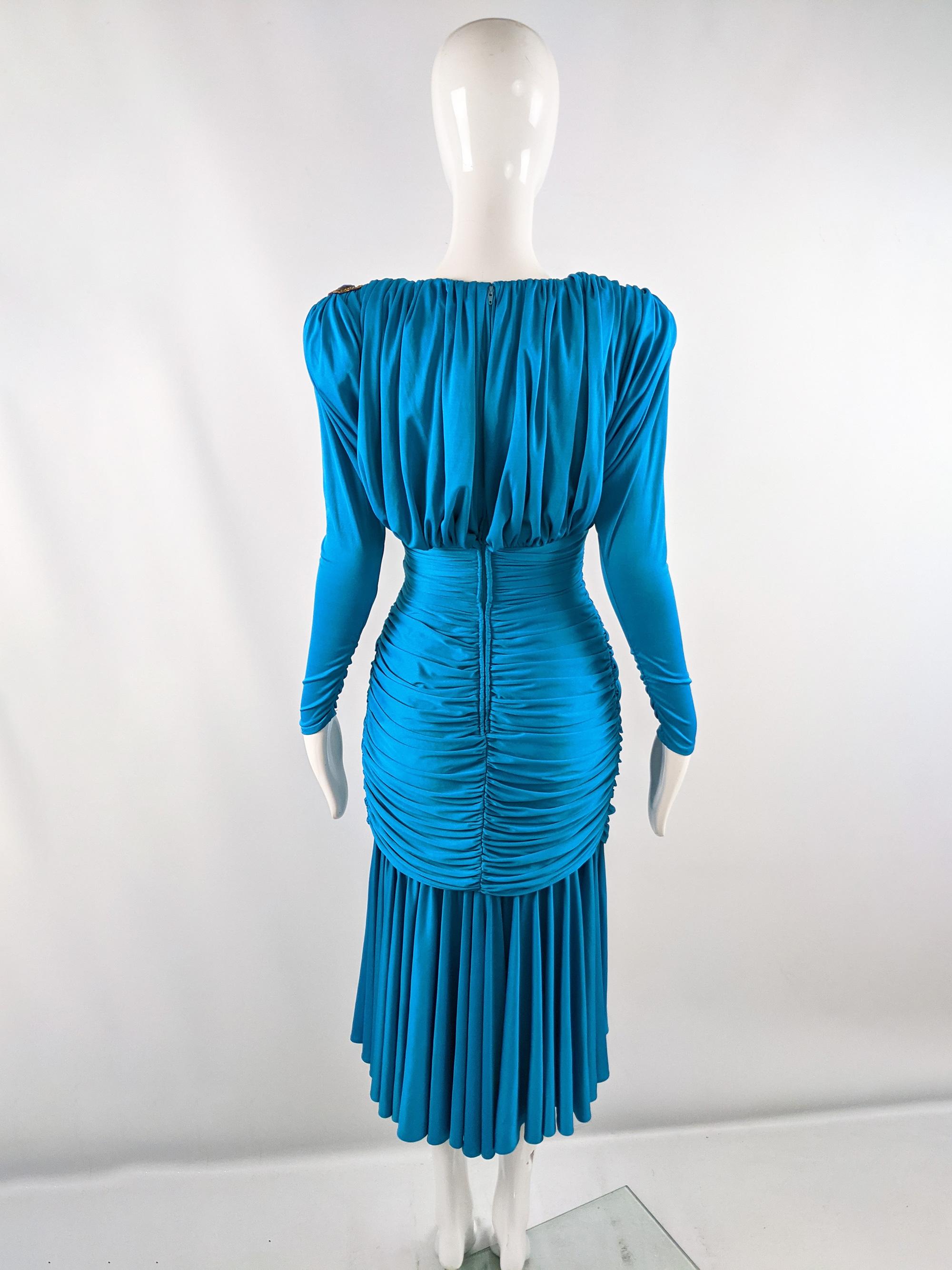 Tadashi Vintage 80s Blue Slinky Draped Jersey Gold Sequin Shoulder Party Dress For Sale 3