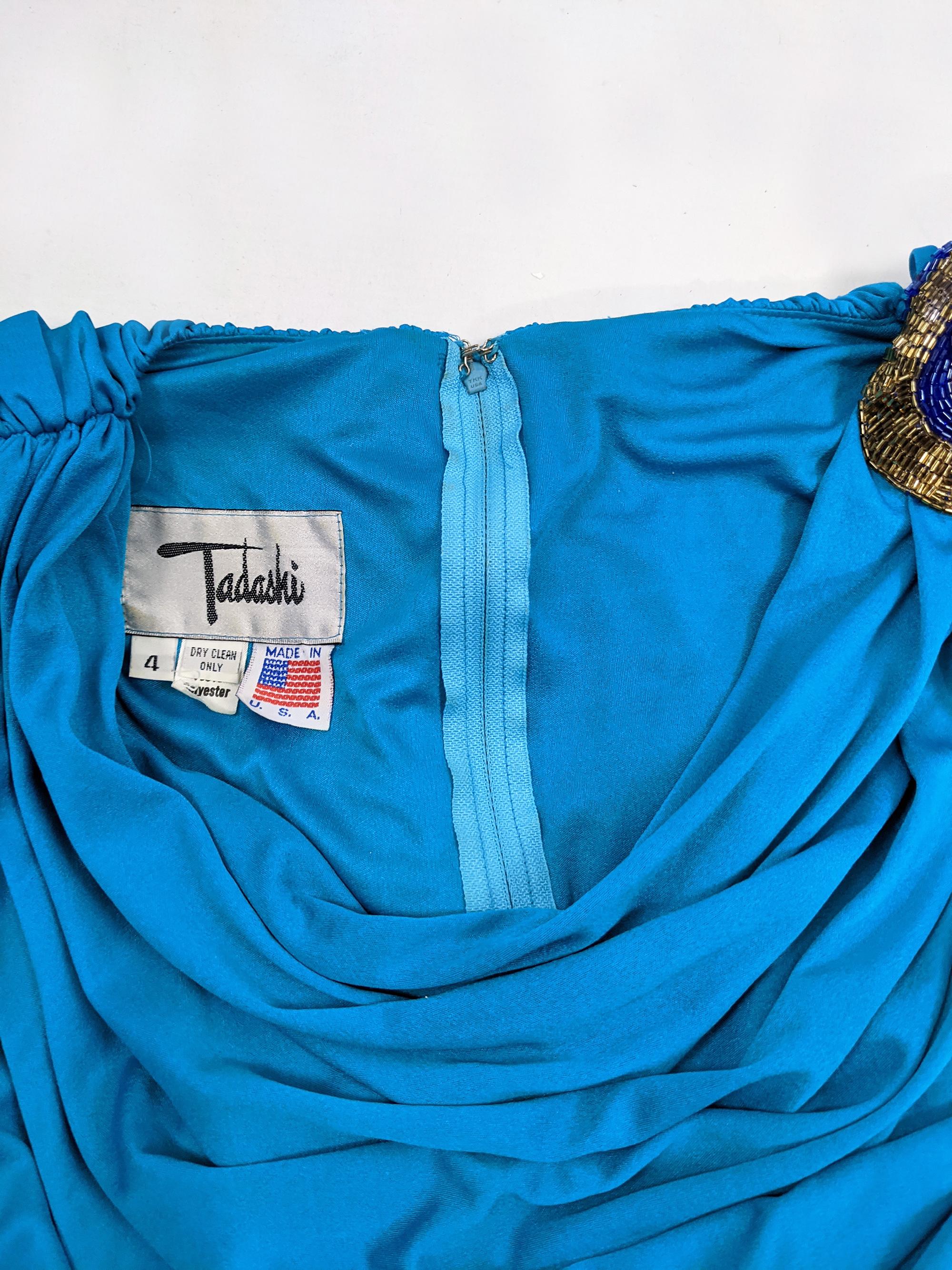 Tadashi Vintage 80s Blue Slinky Draped Jersey Gold Sequin Shoulder Party Dress For Sale 4