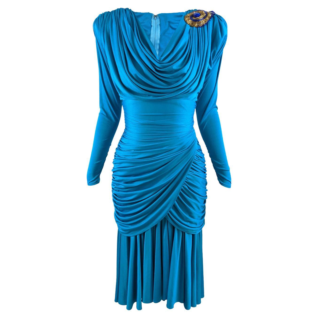 Tadashi Vintage 80s Blue Slinky Draped Jersey Gold Sequin Shoulder Party Dress For Sale