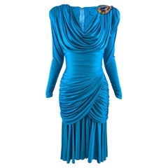 Tadashi Vintage 80s Blue Slinky Draped Jersey Gold Sequin Shoulder Party Dress