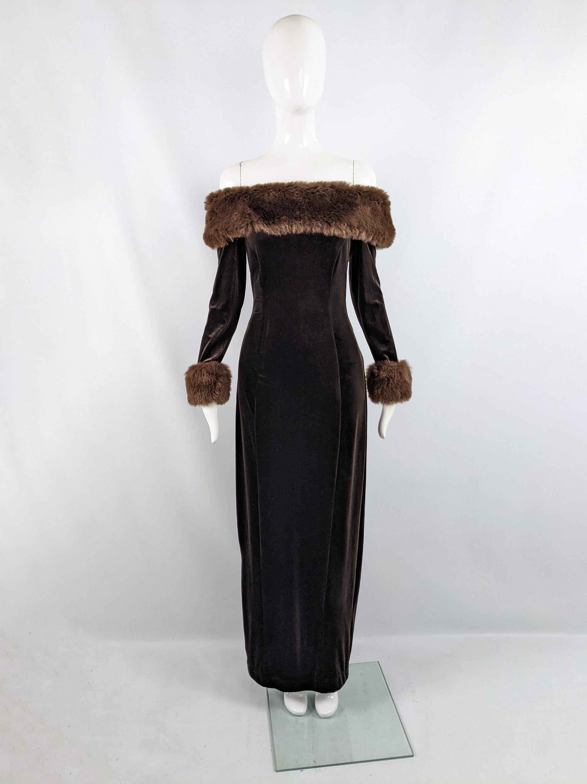 A fabulous vintage womens evening dress from the 90s by luxury fashion designer, Tadashi Shoji. In a brown stretch velvet / velour fabric with amazing brown faux fur collar and cuffs. It has an off the shoulder design that makes it perfect for a