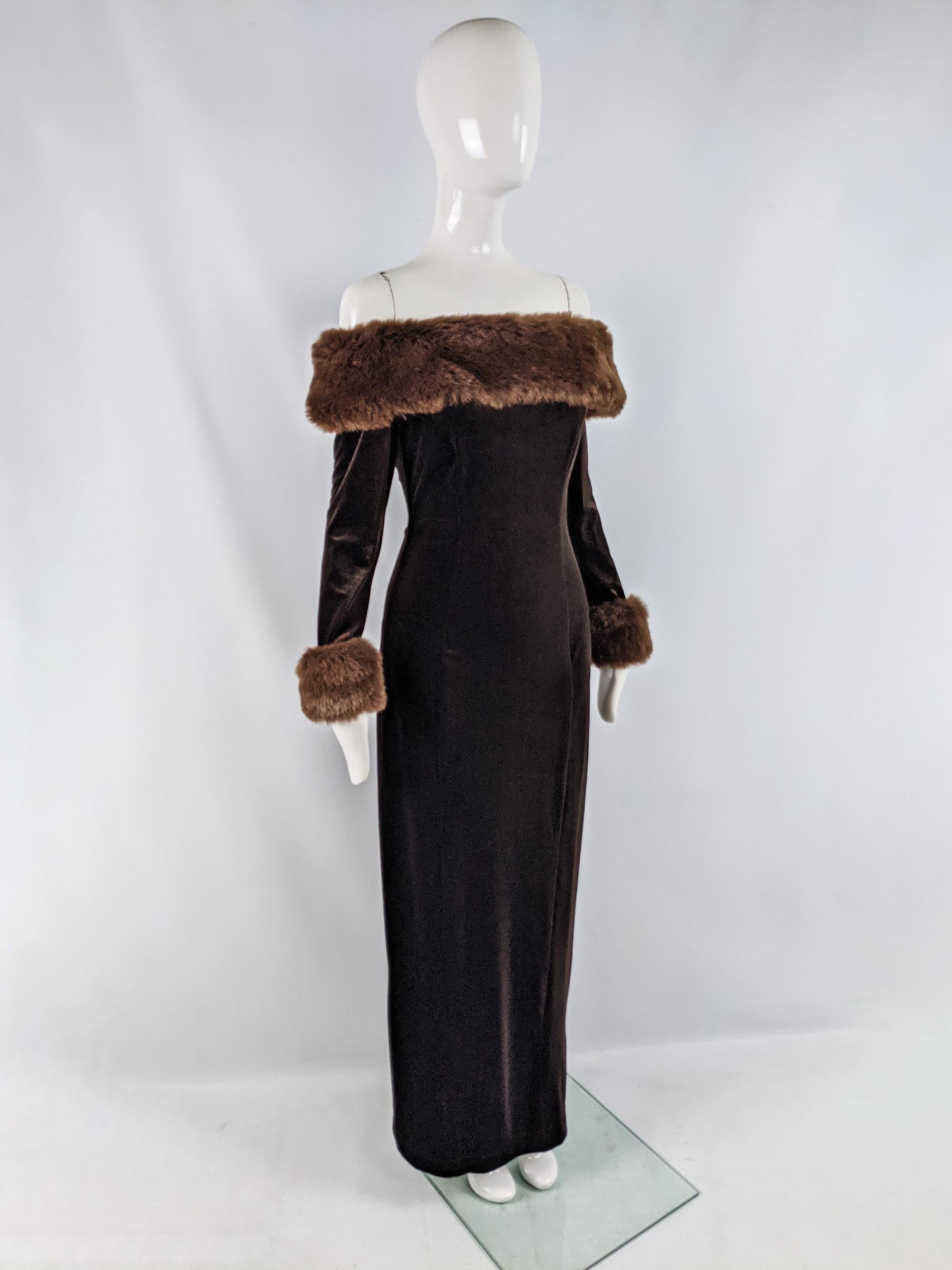 Black Tadashi Vintage 90s Brown Stretch Velvet Faux Fur Trim Evening Dress, 1990s