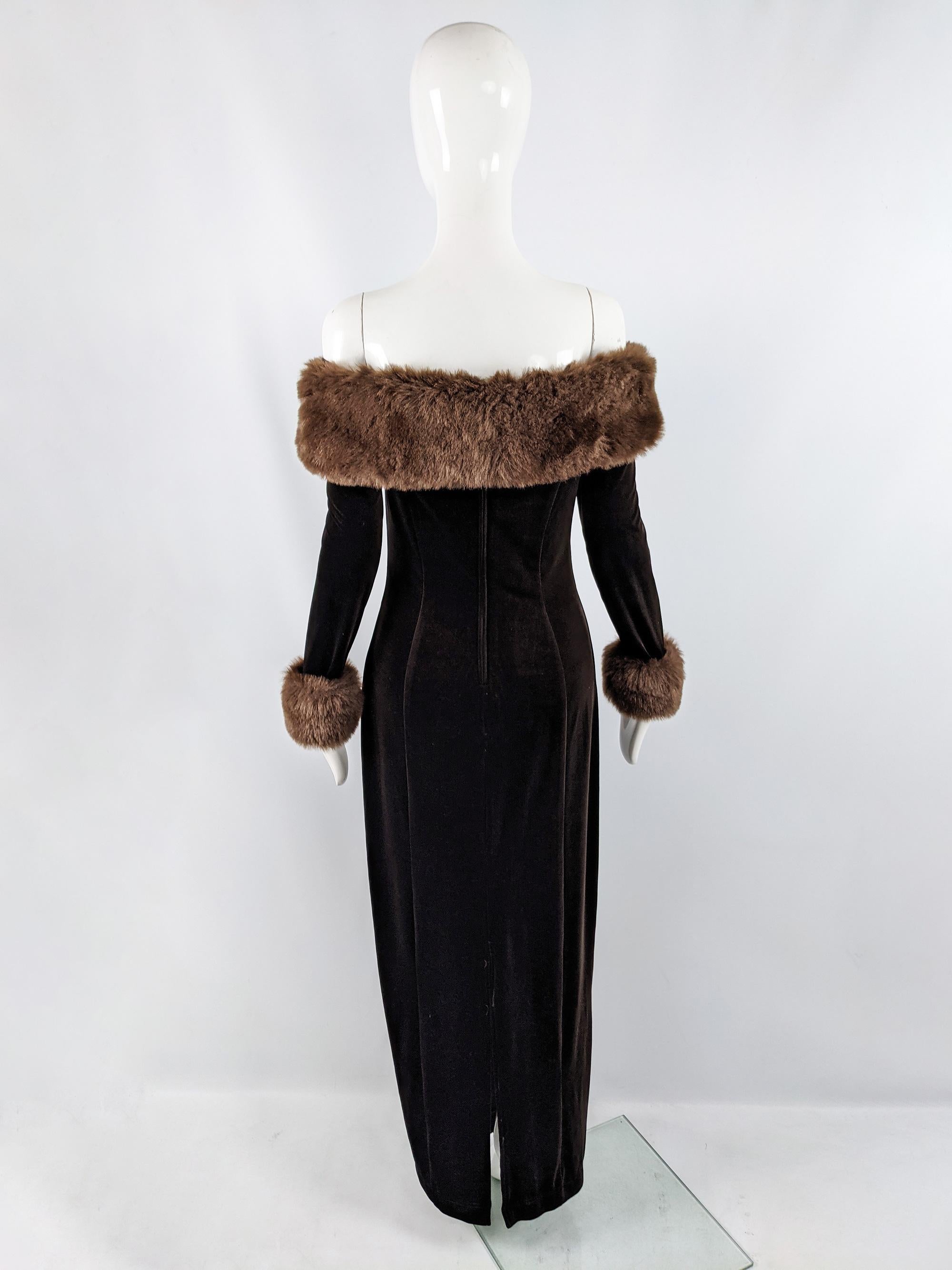 Tadashi Vintage 90s Brown Stretch Velvet Faux Fur Trim Evening Dress, 1990s In Good Condition In Doncaster, South Yorkshire