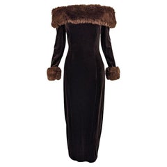 Tadashi Vintage 90s Brown Stretch Velvet Faux Fur Trim Evening Dress, 1990s