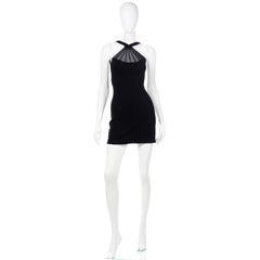 Tadashi Vintage Black Bodycon Halter Neck Mini Evening Dress w Sheer Mesh