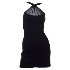 Tadashi Vintage Black Bodycon Halter Neck Mini Evening Dress w Sheer Mesh