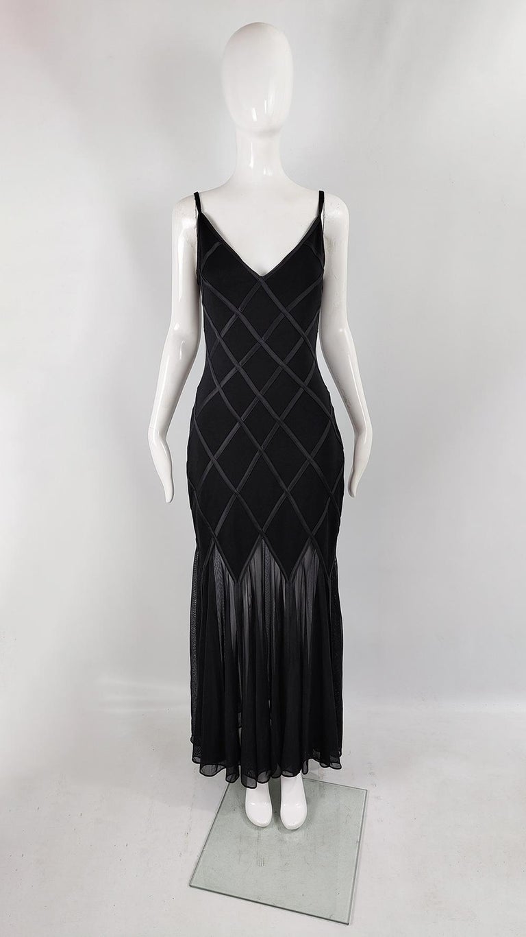 Tadashi Vintage Semi Sheer Black Mesh and Jersey Maxi Length Evening