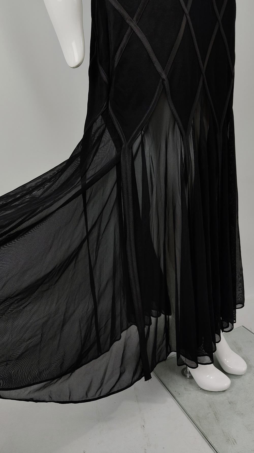 Tadashi Vintage Semi Sheer Black Mesh & Jersey Maxi Length Evening Gown Dress In Excellent Condition In Doncaster, South Yorkshire