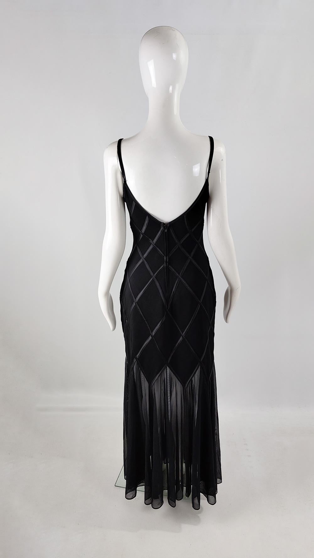 Women's Tadashi Vintage Semi Sheer Black Mesh & Jersey Maxi Length Evening Gown Dress