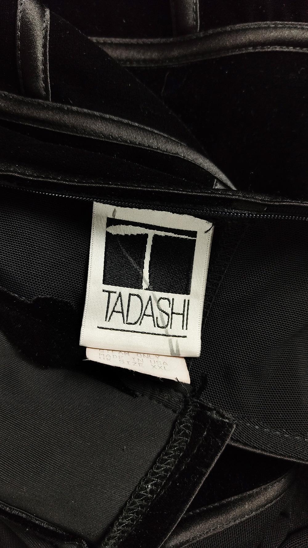 Tadashi Vintage Semi Sheer Cut Out Panels Black Velvet Evening Dress, 1990s For Sale 4