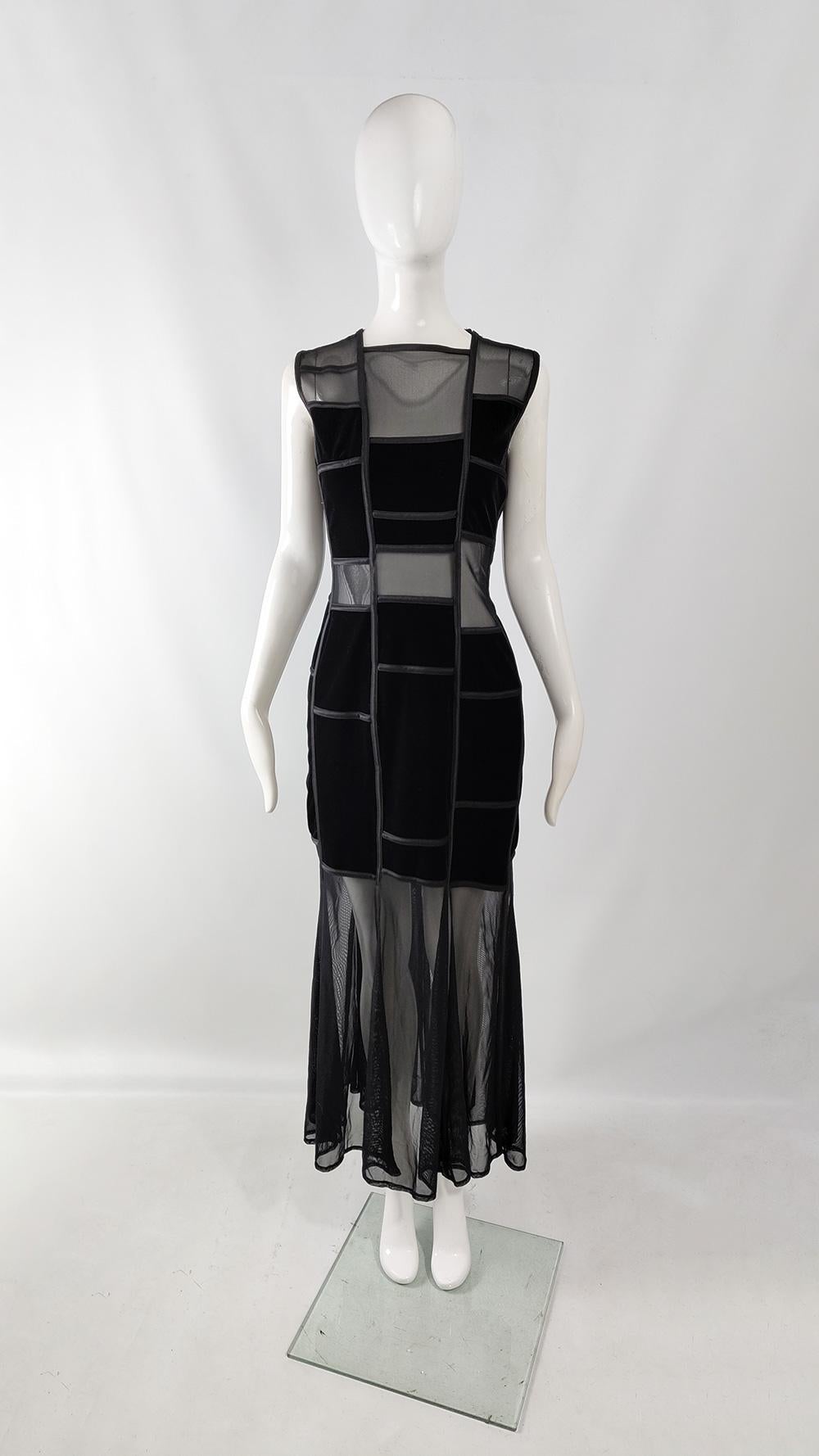 An incredibly sexy vintage womens evening dress from the 90s by luxury fashion designer, Tadashi Shoji. Made in the USA from a black velvet with a satin bias trim and is with sheer mesh cut out panels for a scandalous, yet minimalist look. It has an