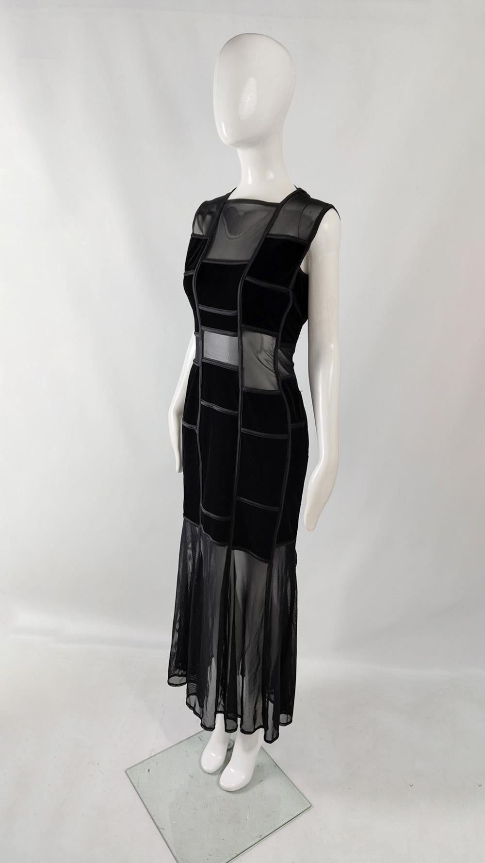Tadashi Vintage Semi Sheer Cut Out Panels Black Velvet Evening Dress, 1990s In Excellent Condition For Sale In Doncaster, South Yorkshire