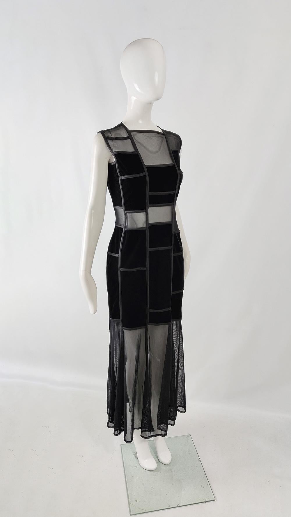 Women's Tadashi Vintage Semi Sheer Cut Out Panels Black Velvet Evening Dress, 1990s For Sale