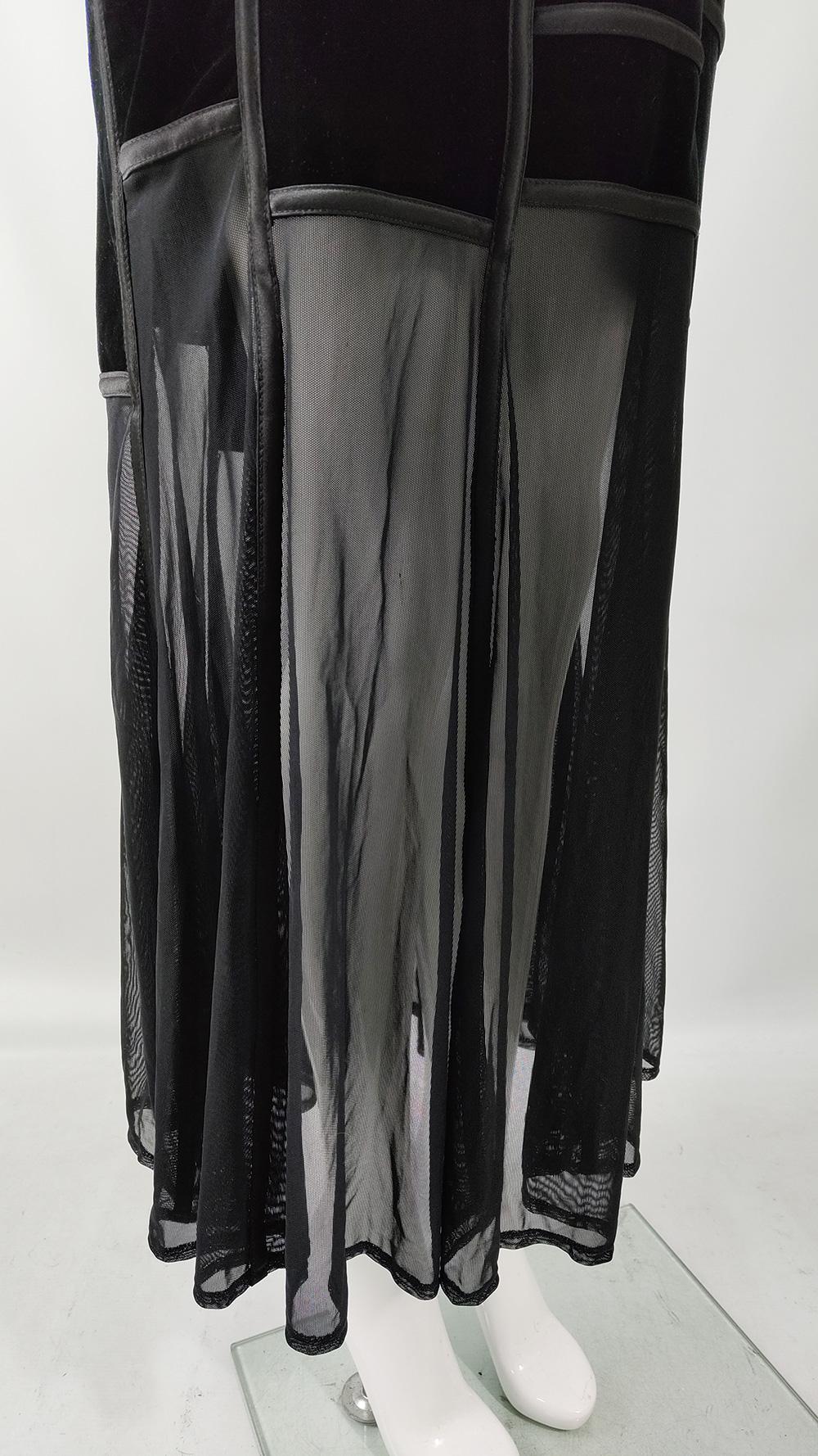Tadashi Vintage Semi Sheer Cut Out Panels Black Velvet Evening Dress, 1990s For Sale 1