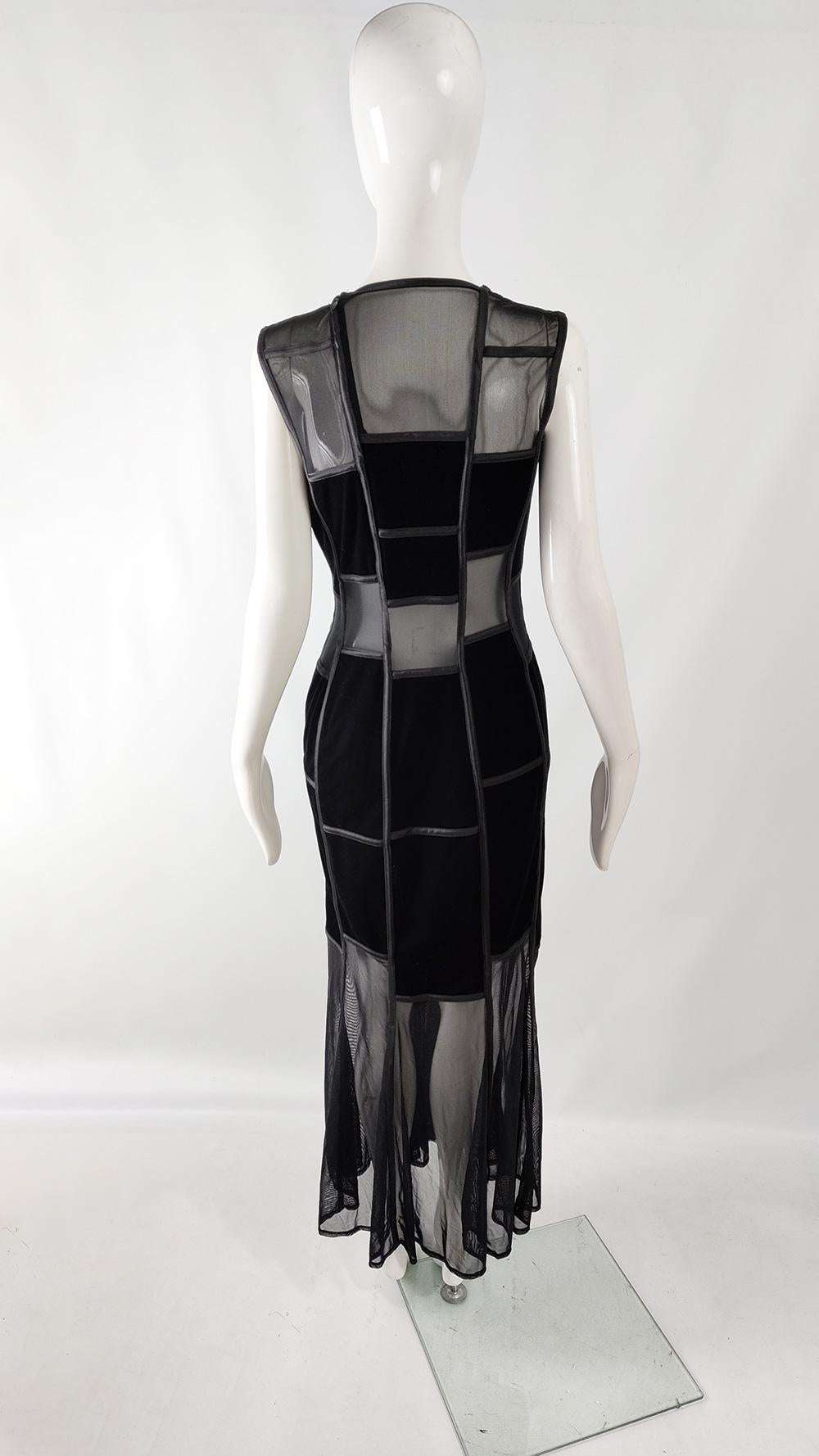 Tadashi Vintage Semi Sheer Cut Out Panels Black Velvet Evening Dress, 1990s For Sale 2