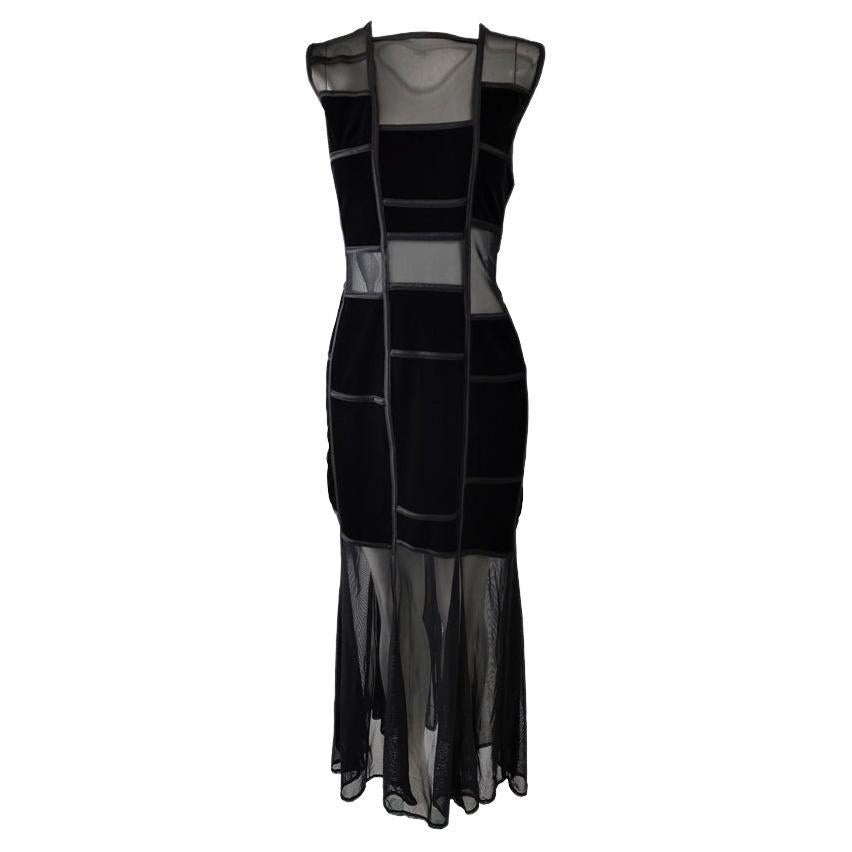 Tadashi Vintage Semi Sheer Cut Out Panels Black Velvet Evening Dress, 1990s For Sale