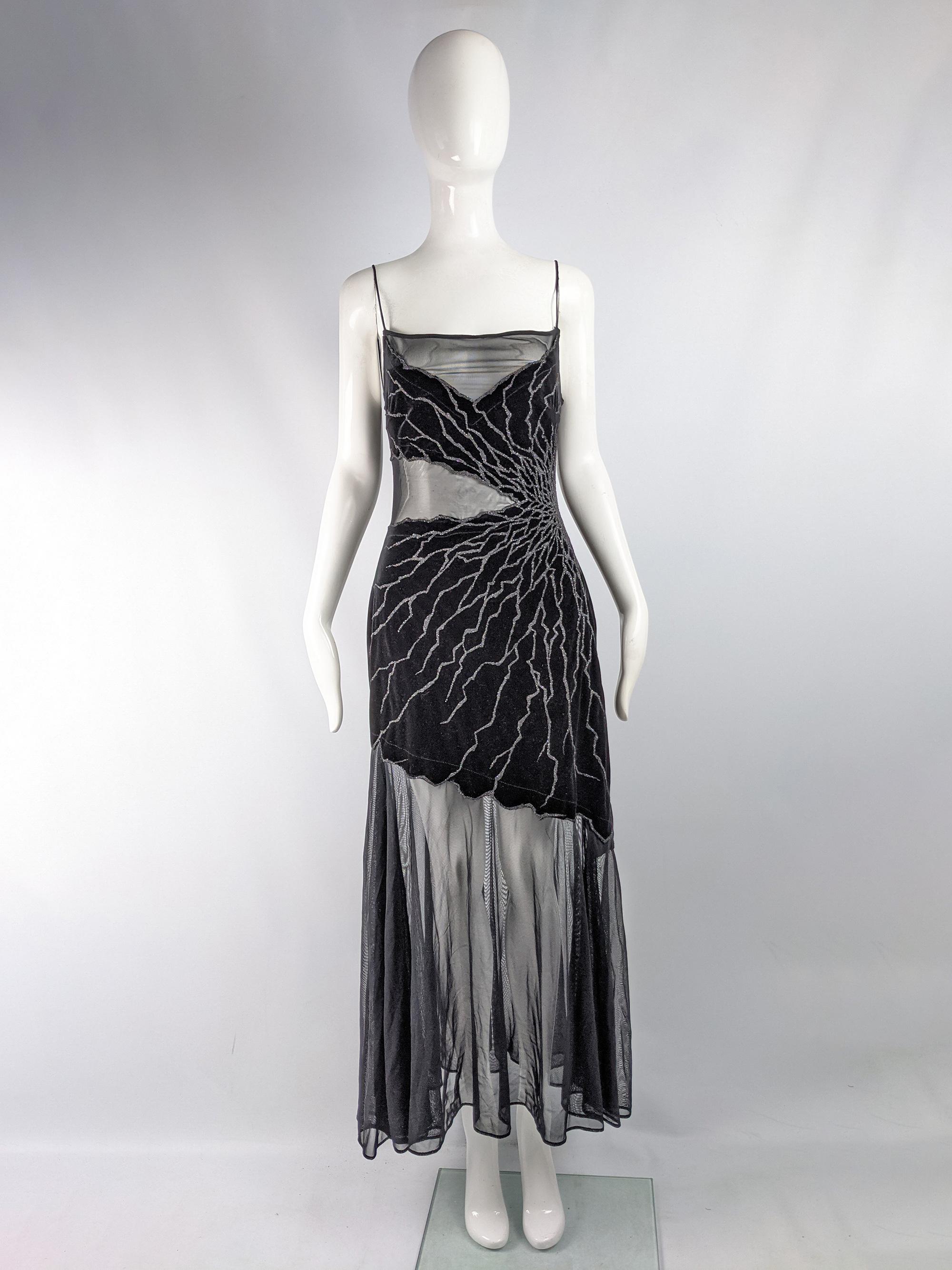 A stunning vintage womens maxi party / red carpet evening dress from the 80s by luxury American- Japanese fashion designer, Tadashi Shoji. In a black fine mesh with sexy cut out beaded velvet panels. 

Size: Marked S but best fits a UK 8-10/ US 4-6/