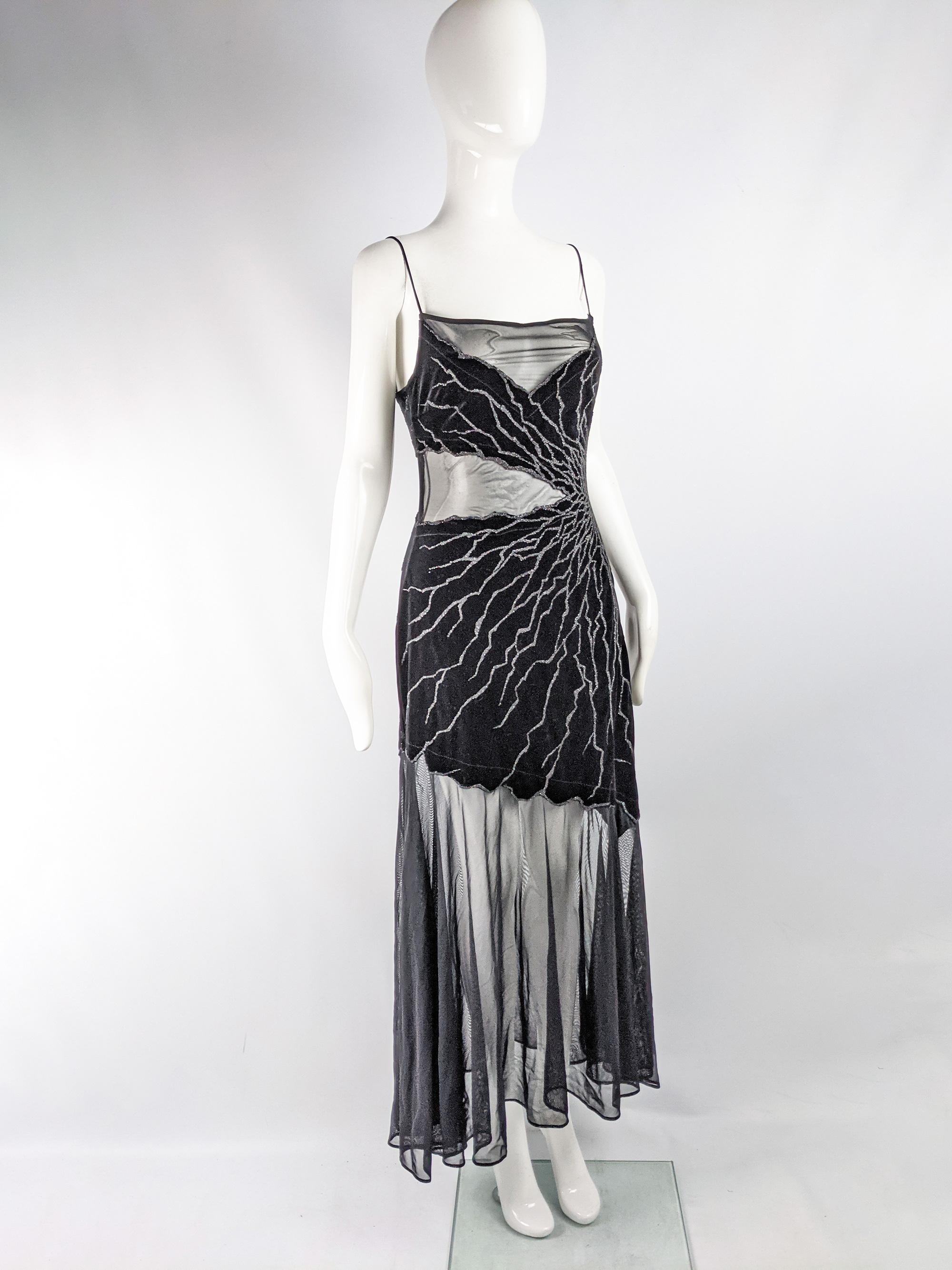 Tadashi Vintage Sexy Black Sheer Beaded Evening Dress In Excellent Condition In Doncaster, South Yorkshire
