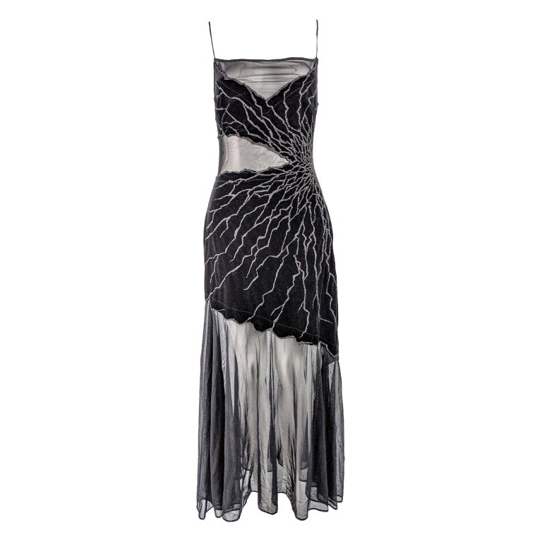Tadashi Vintage Sexy Black Sheer Beaded Evening Dress at 1stDibs