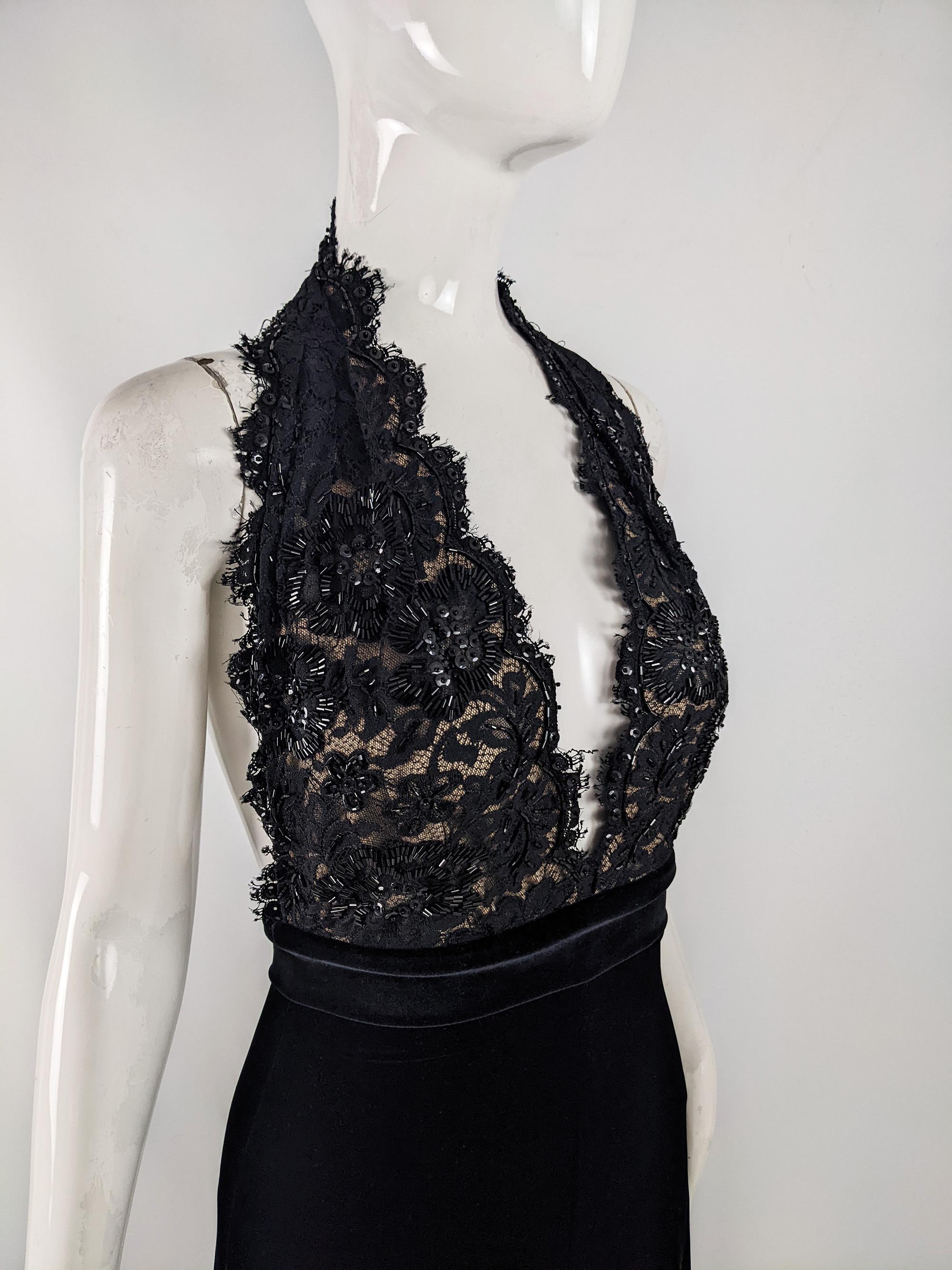 Black Tadashi Vintage Sexy Plunging Plunge Neck Lace & Velvet Evening Gown Dress
