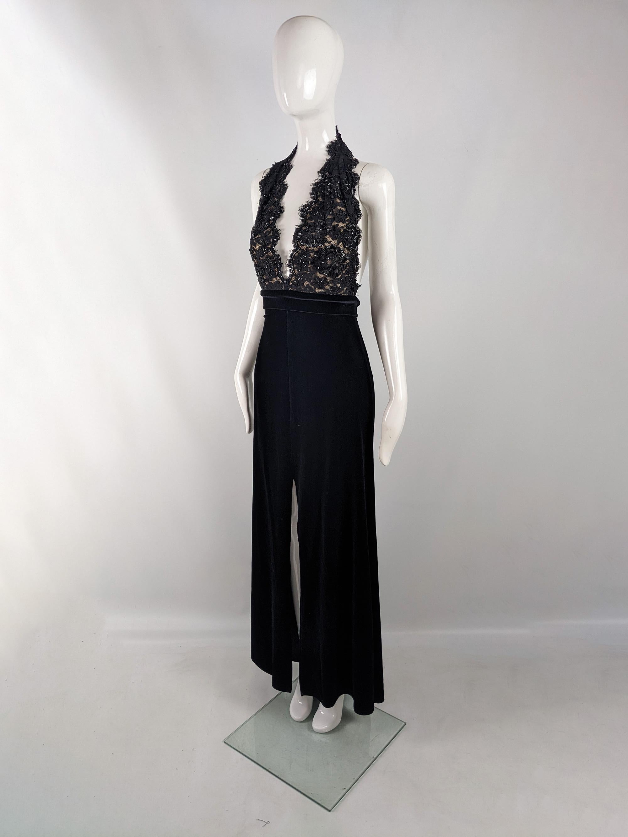 Women's Tadashi Vintage Sexy Plunging Plunge Neck Lace & Velvet Evening Gown Dress