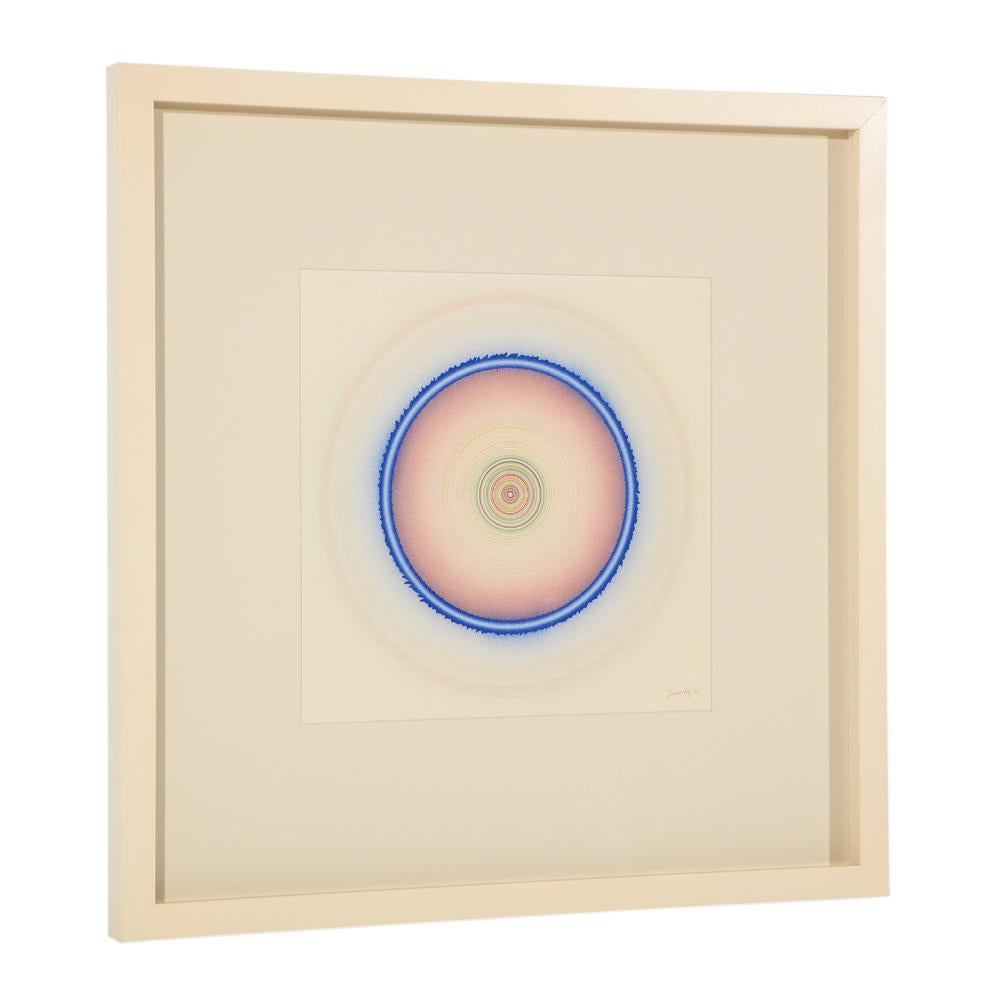 Sin título de Tadasky, pintura acrílica sobre papel, rayas firmadas. Pintura acrílica de bordes duros a pequeña escala sobre papel del artista Op, Tadasky (Tadasuke Kuwayama). La imagen está formada por una serie de círculos azul índigo, rosa, verde
