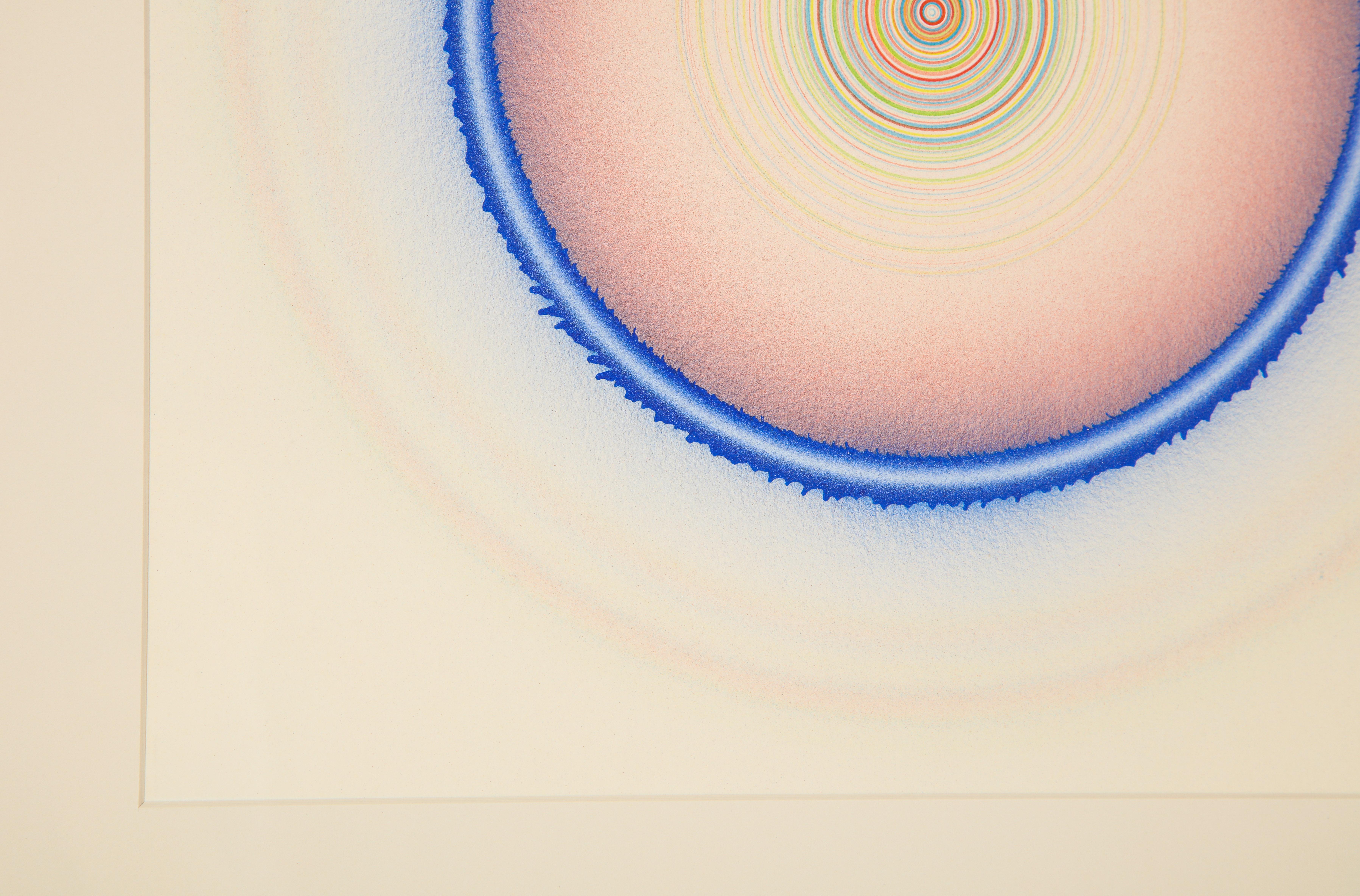 Tadasky, Pintura acrílica sobre papel, Op Art, Geométrico, Azul, Rosa, Firmado Plexiglás en venta