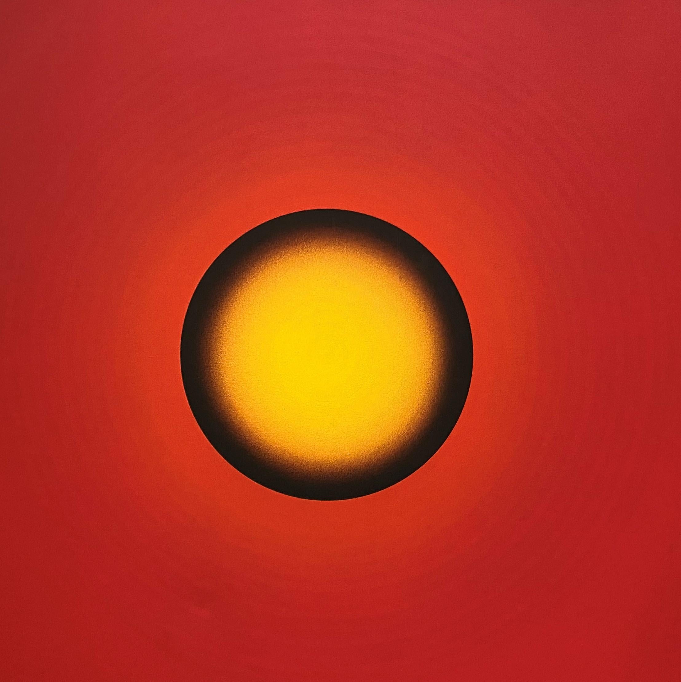 „E-128:: 1969“ Rotes und gelbes Leuchtengemälde (Op-Art), Art, von Tadasky / Tadasuke Kuwayama