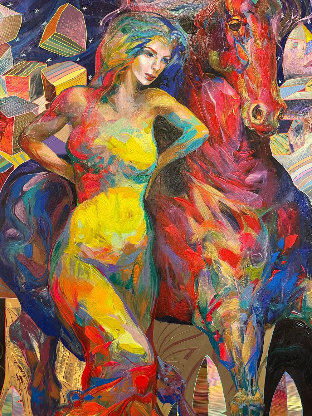 Artist: Tadeo Zavaleta
Title: Semiental Gitano (Semi-Eastern Gypsy)
Medium: Original acrylic on canvas
Signature: Hand signed by artist
Size: Approximately 60x60 inches
Framed: Unframed and un-stretched.
Biography: “Understanding the ambiguities of