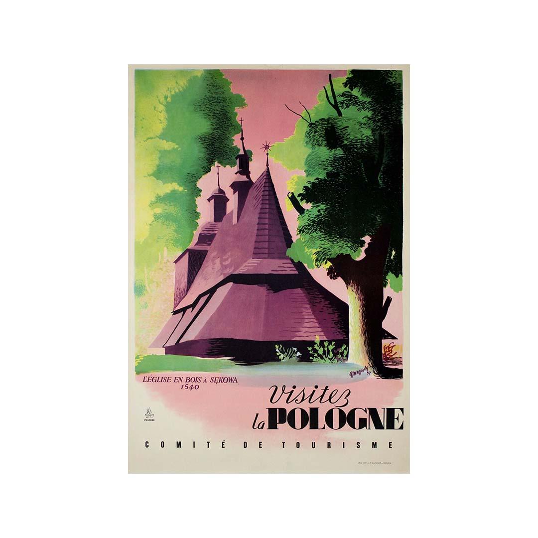 Originales Reiseplakat von Gronowski Visit Poland, 1957, Holzkirche in Sekowa, Polen im Angebot 2