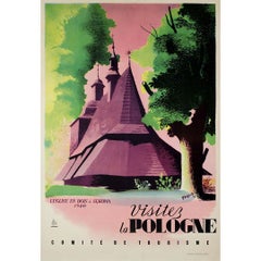 1957 original travel poster by Gronowski Visit Poland - Wooden church in Sekowa