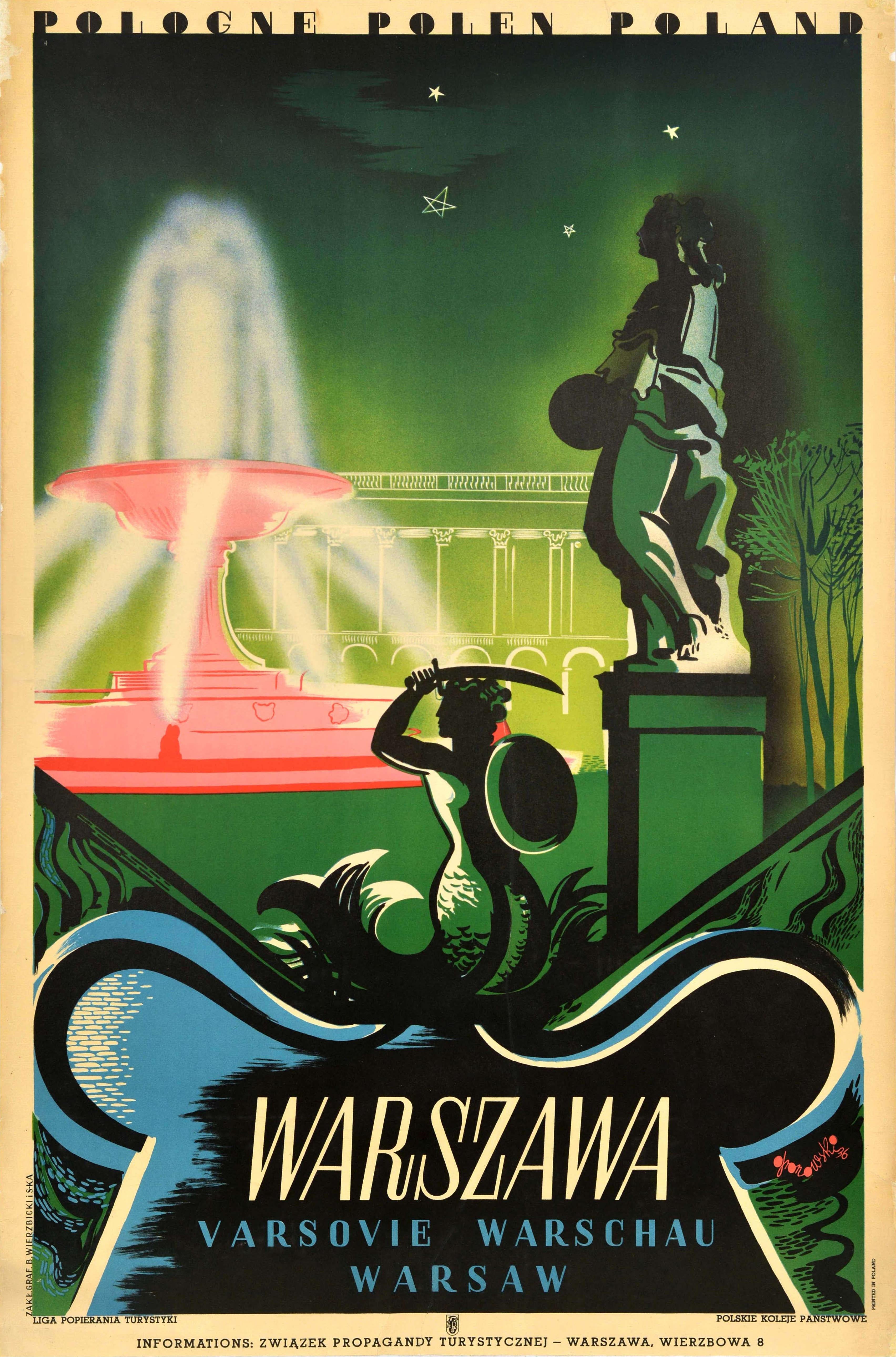 Tadeusz Gronowski Print - Original Vintage Travel Poster Warszawa Warsaw Mermaid Fountain Saxon Palace Art