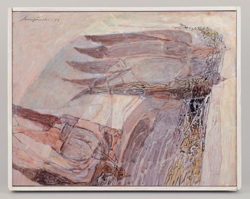 Tadeusz-Marya (Teddy) Sempinski (1927-1998), polnischer/schwedischer Künstler. 
Acryl auf Karton. 
Vögel in einer Landschaft. Abstrakter Stil.
Titel: 