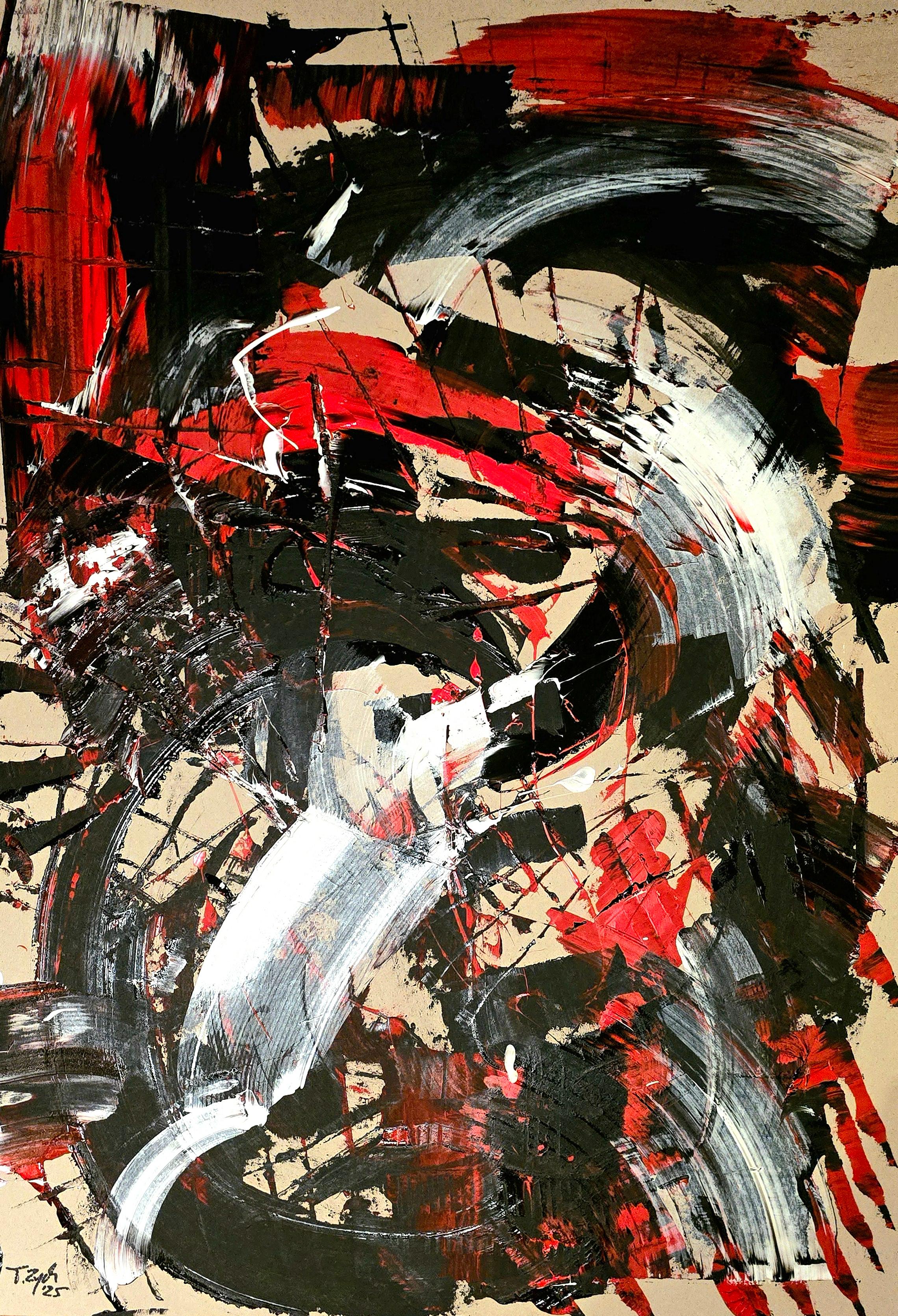 Tadeusz Zych Abstract Painting - Dragon Dance with Dog / Acrylic on cardboard / 100 x 70 cm