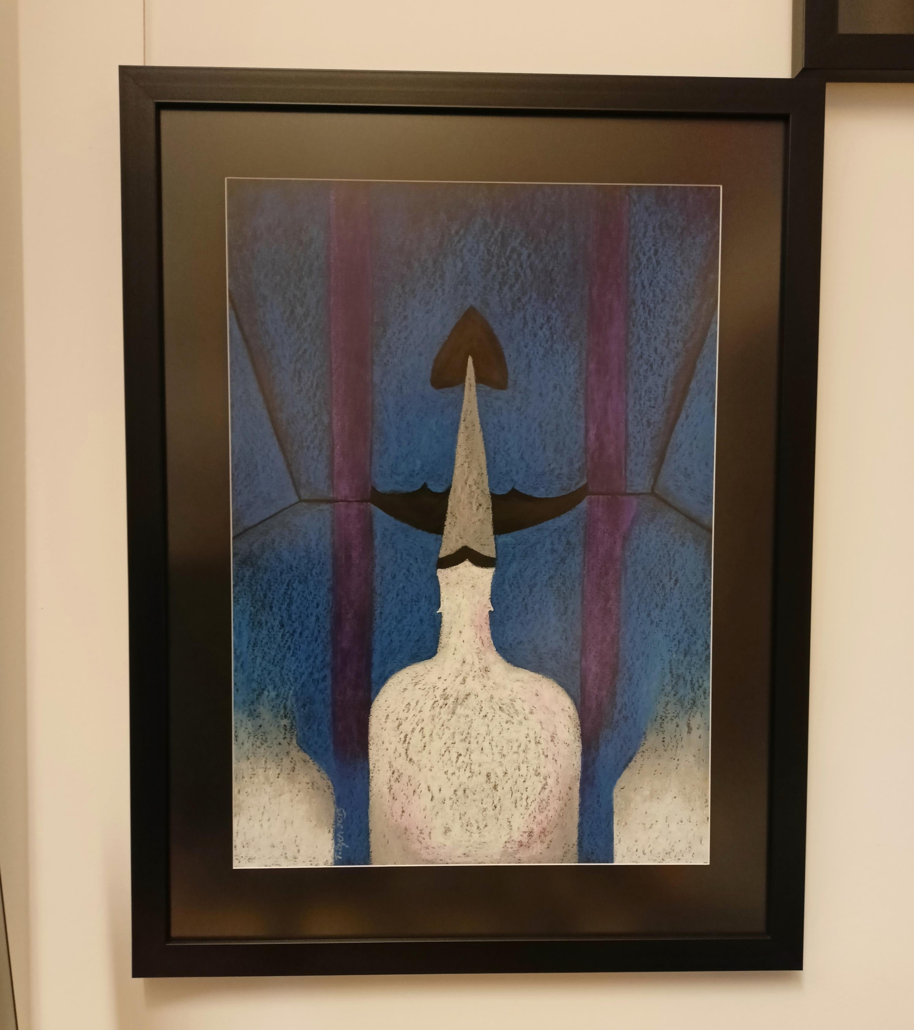 „Bat and Him“ Blau / Ölpastell auf Karton / 68 x 48 cm (Abstrakt), Painting, von Tadeusz Zych