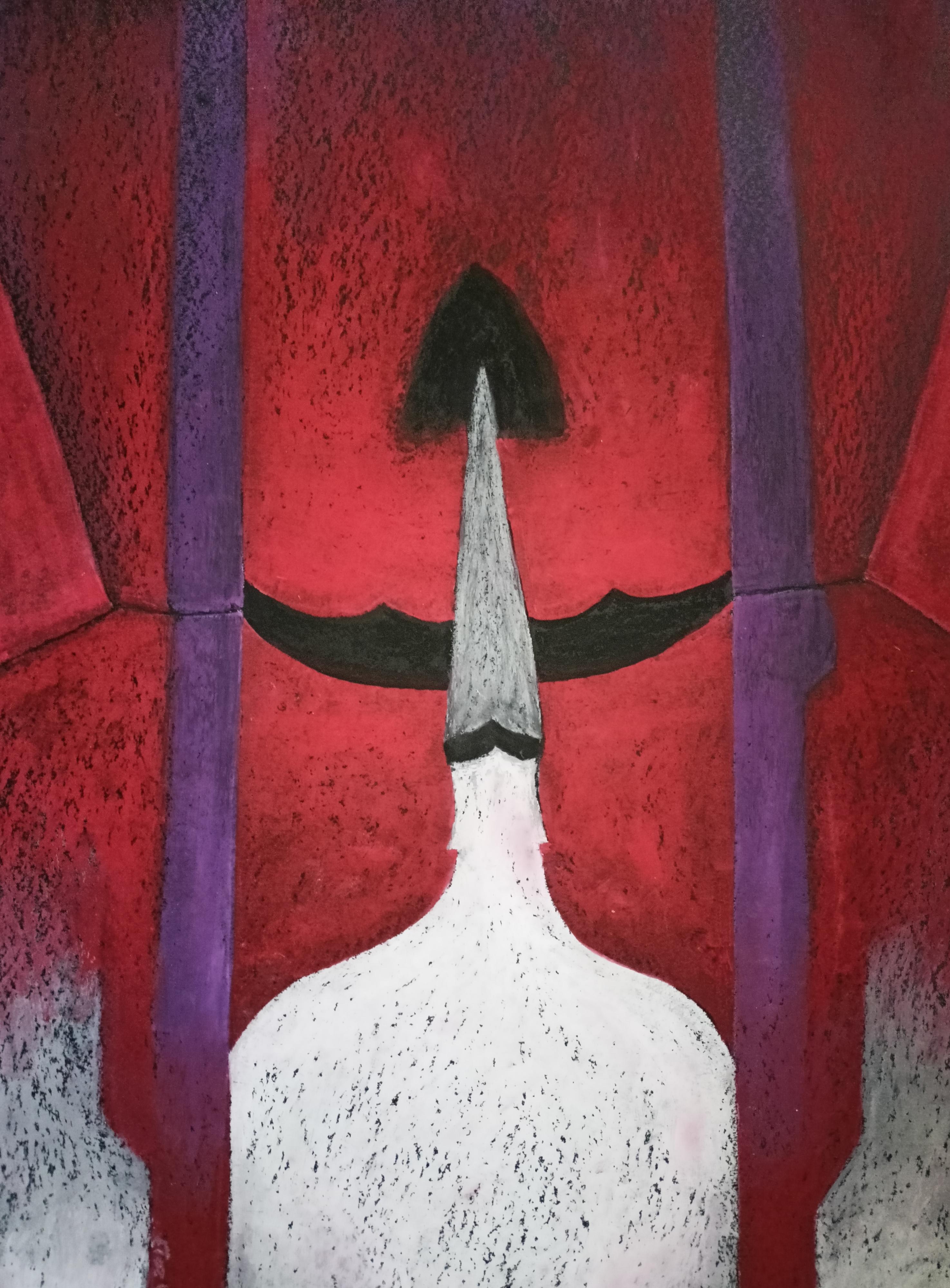 Tadeusz Zych Abstract Painting - "Bat and Him" Red / Oil Pastel on cardboard / 68 x 48 cm