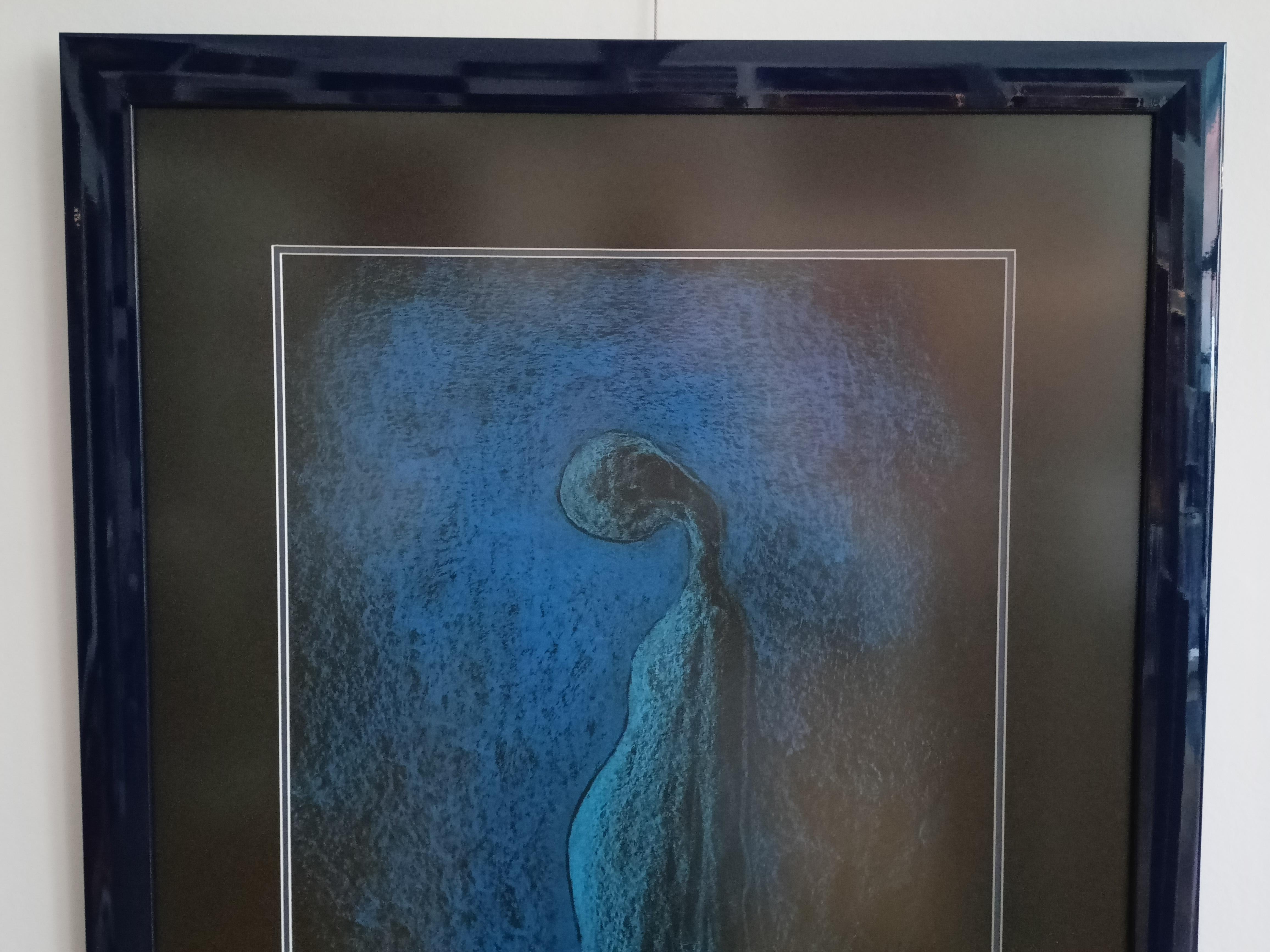 One of a series of paintings painted with shades, stronger or weaker light of one color, here blue. The intention of the author is to show different states of consciousness, emotions, situations in which we find ourselves through the characters